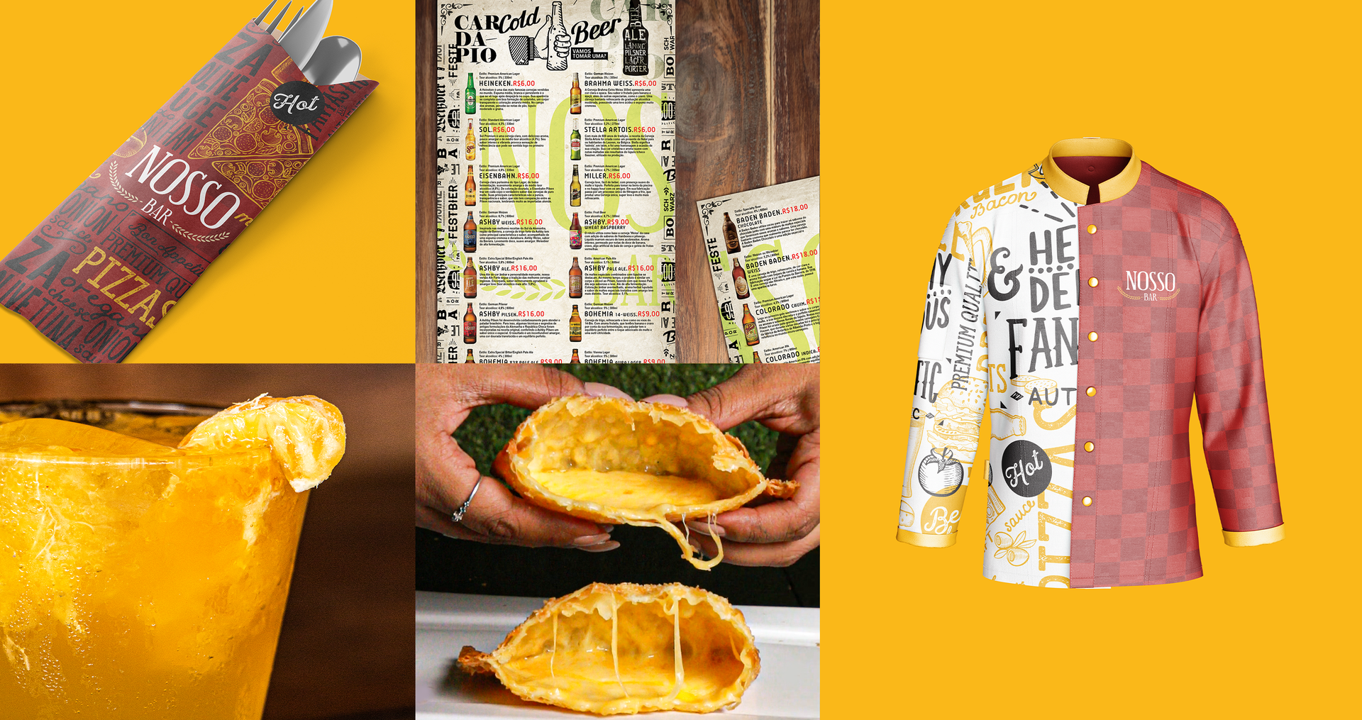 A collage of images of food and a chef 's jacket on a yellow background.