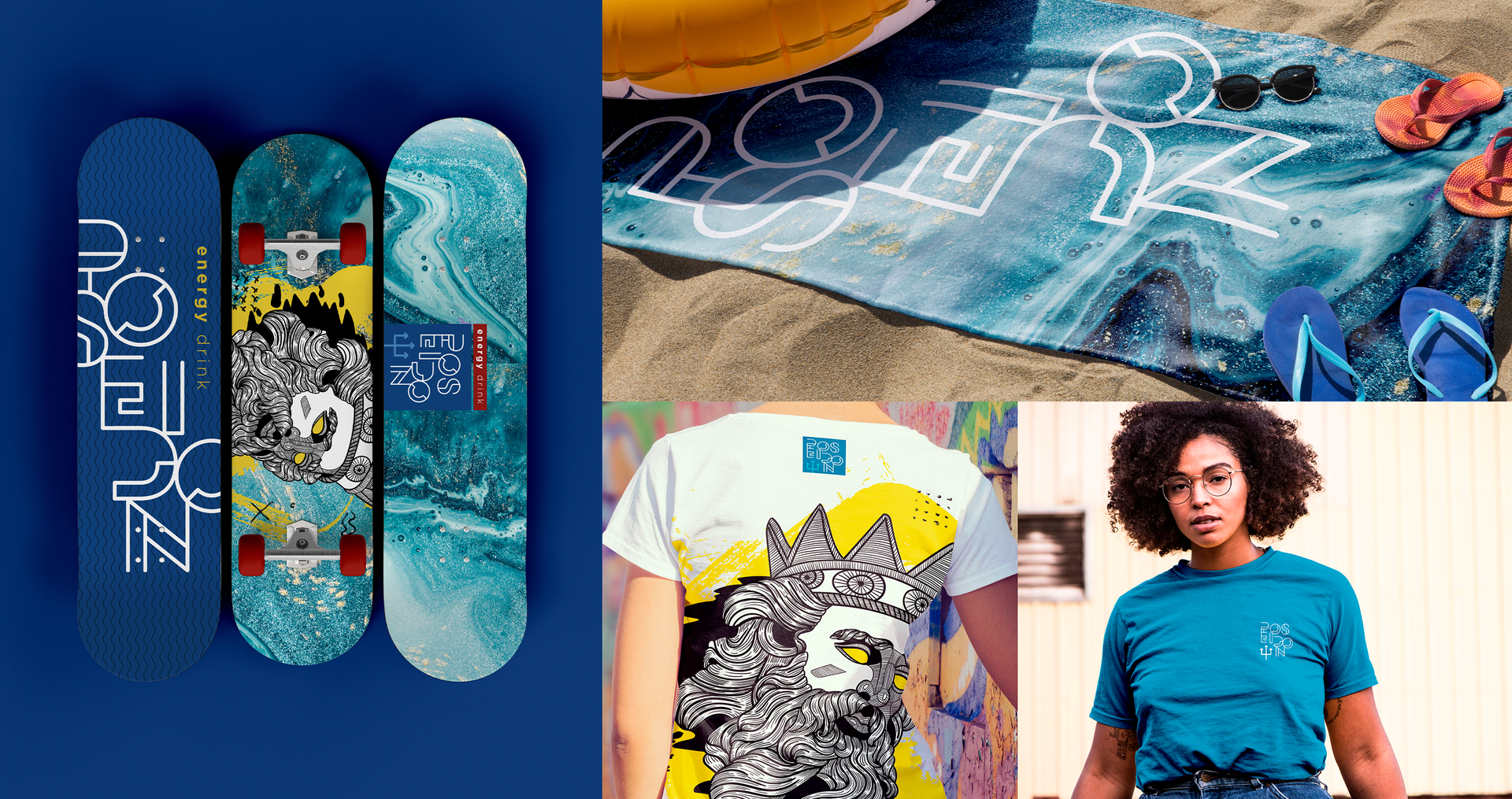 Poseidon Energy Drink A collage of skateboards , a towel , and a woman wearing a t-shirt.