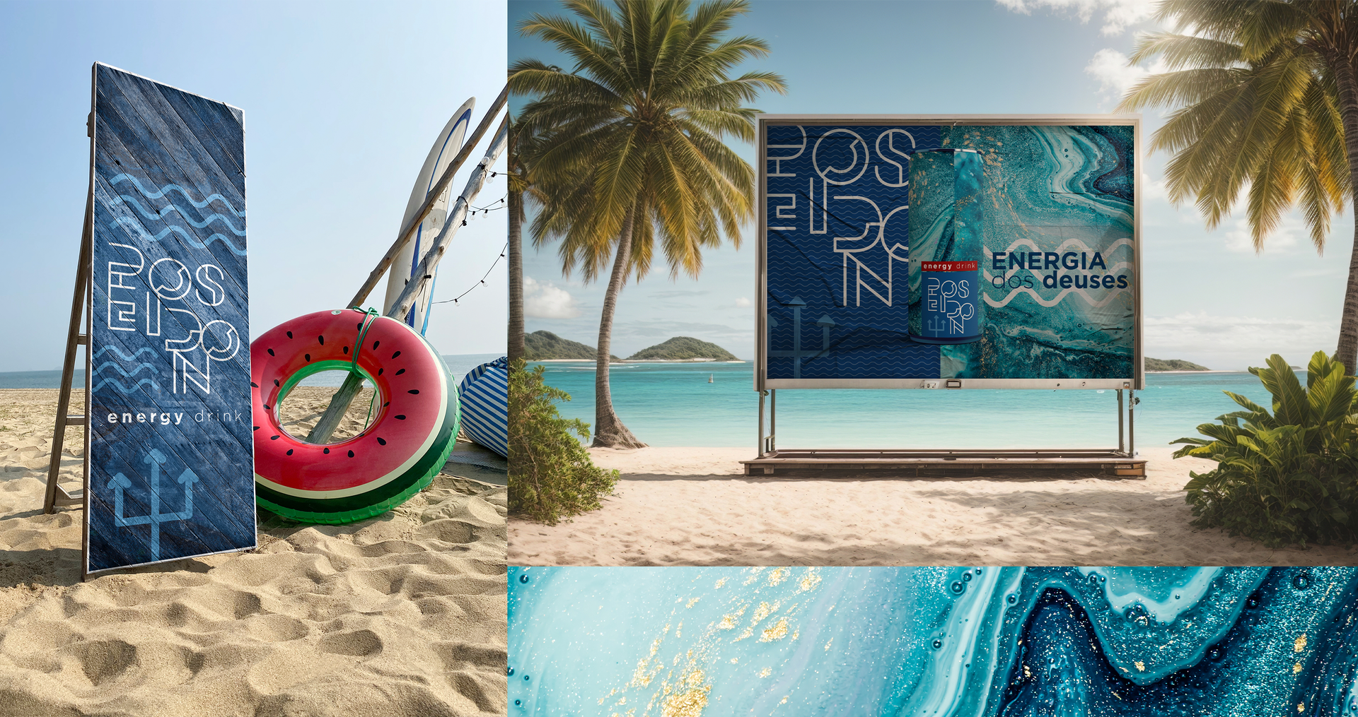 Poseidon Energy Drink A collage of photos of a beach with a watermelon float and a billboard.