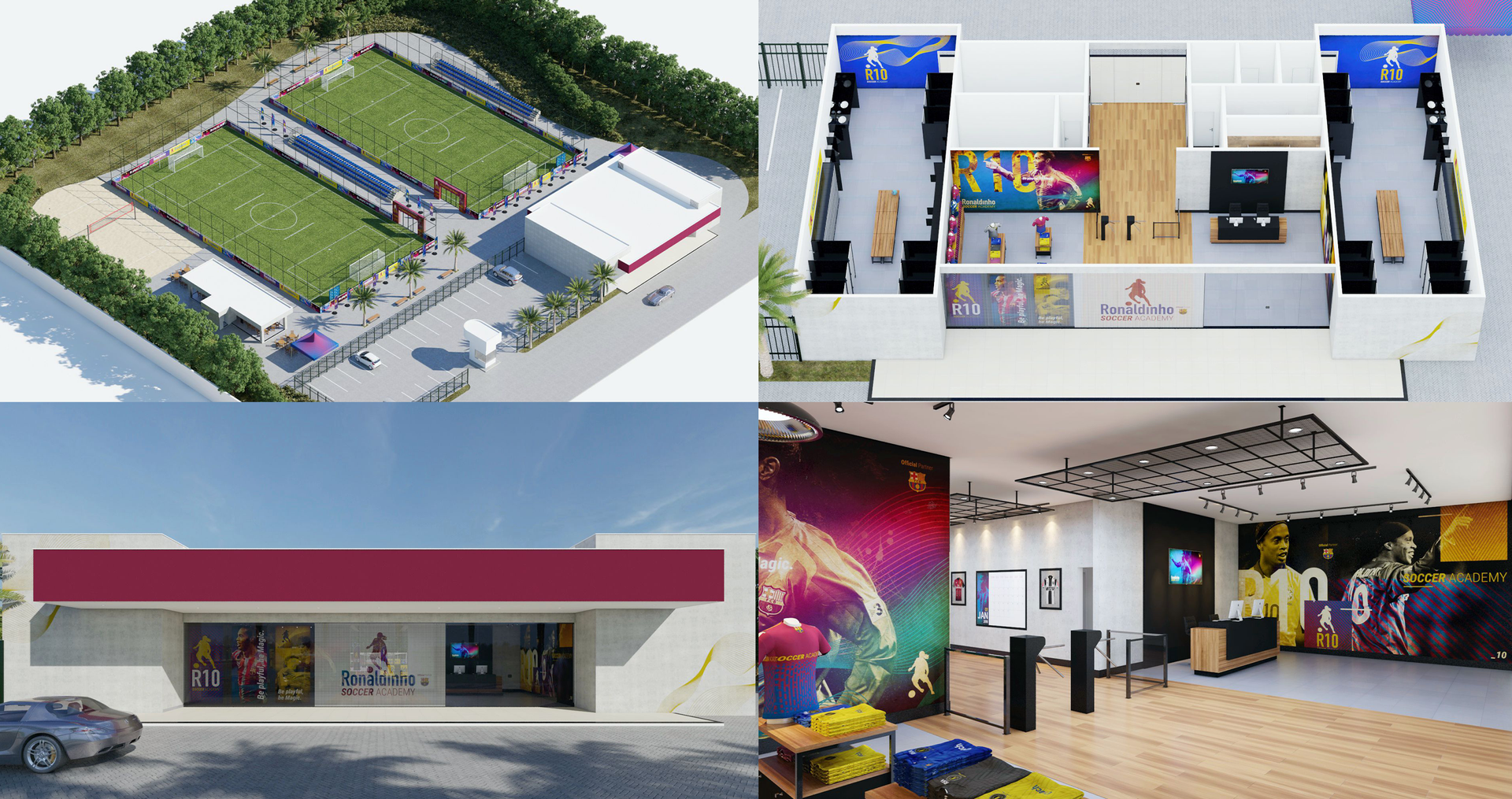Ronaldinho Soccer Academy Uma colagem de quatro imagens diferentes de um edifício