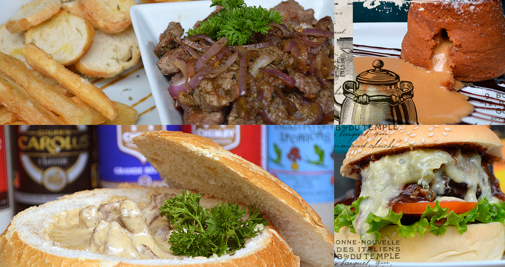 Travessa A collage of different types of food including a hamburger and french fries