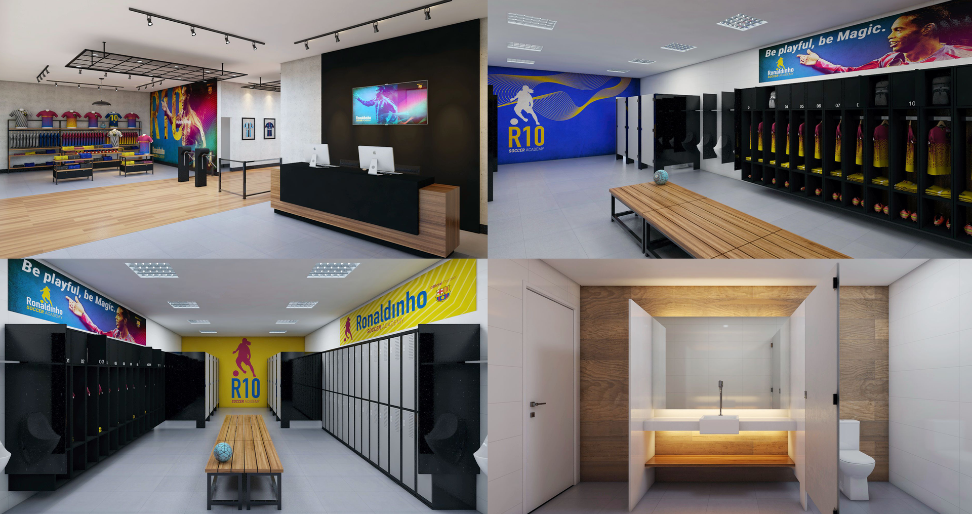 Ronaldinho Soccer Academy Uma colagem de quatro fotos de um vestiário