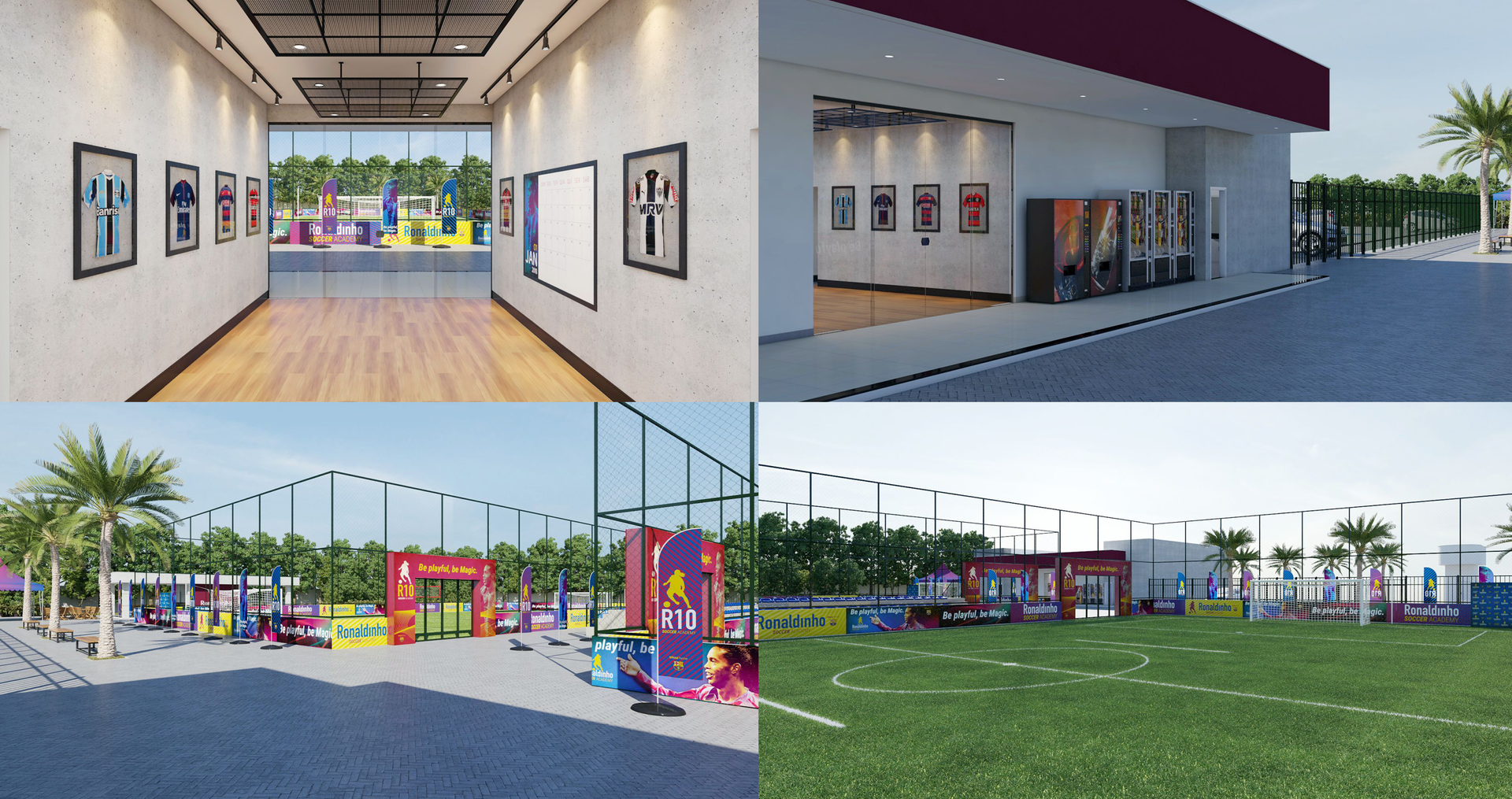 Ronaldinho Soccer Academy Uma colagem de quatro fotos de diferentes tipos de edifícios