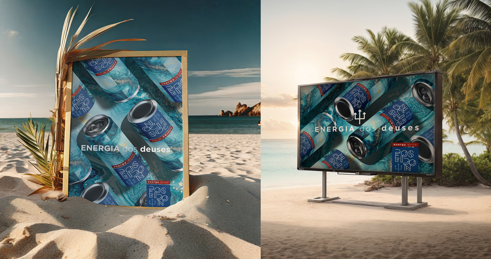 Poseidon Energy Drink A billboard is sitting on top of a sandy beach next to a palm tree.