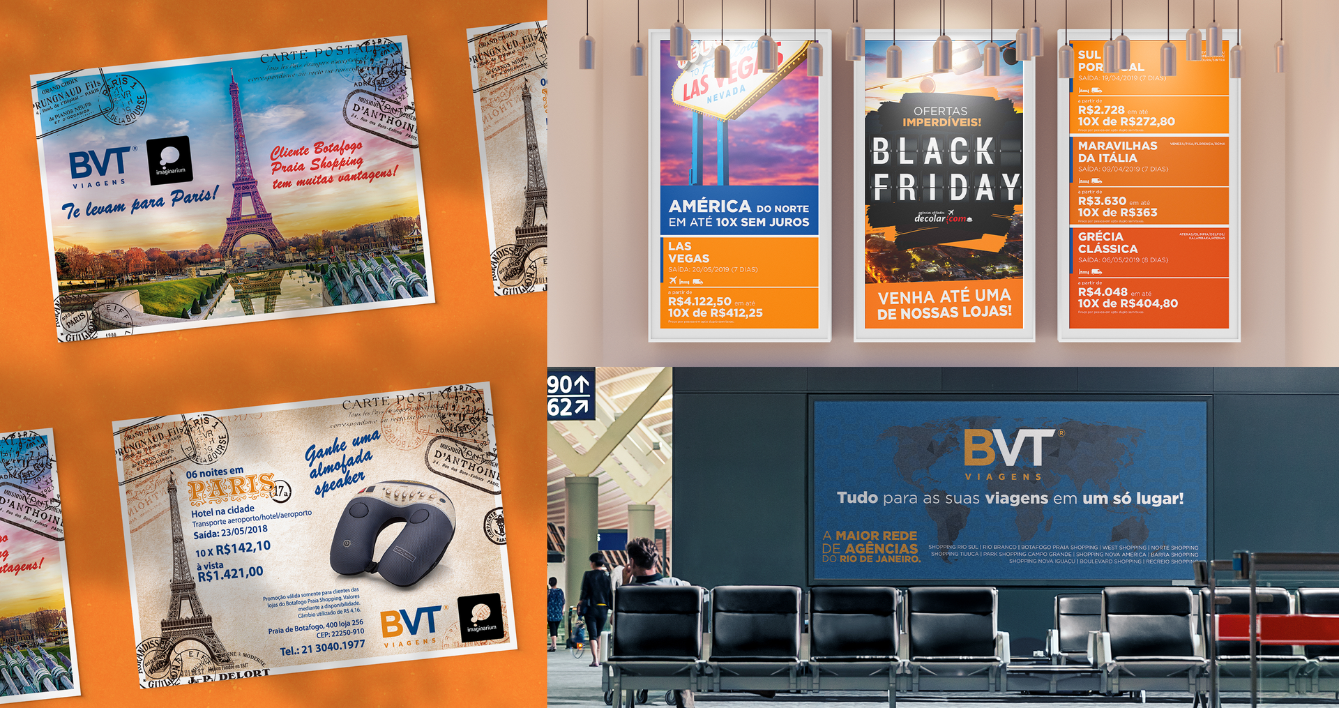 BVT Viagens Um monte de pôsteres pendurados na parede, incluindo um que diz Black Friday
