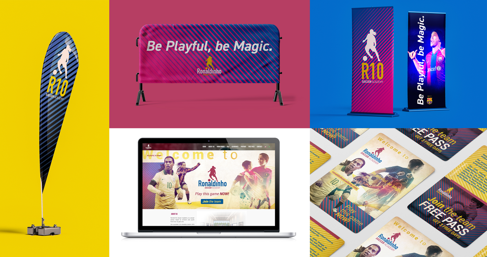 Ronaldinho Soccer Academy Uma colagem de diferentes tipos de anúncios, incluindo um laptop e uma bandeira.