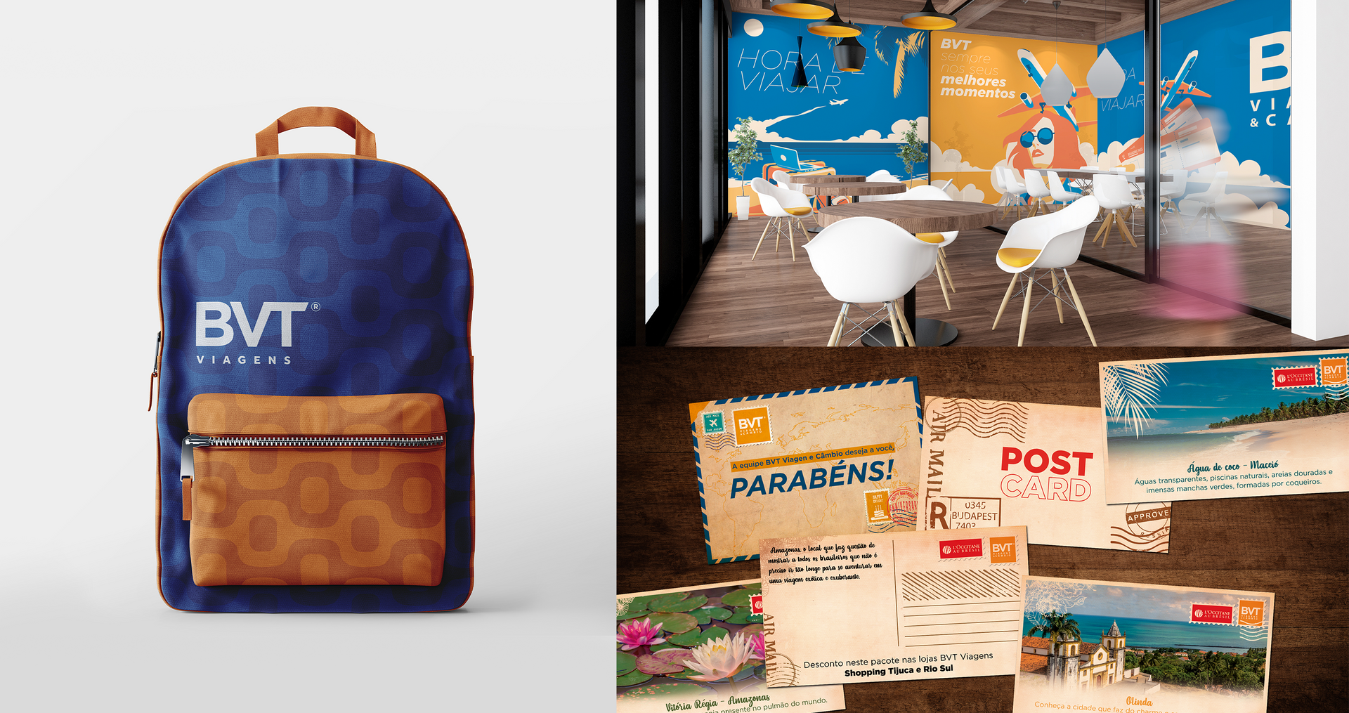 BVT Viagens Uma mochila azul com a palavra bvt nela