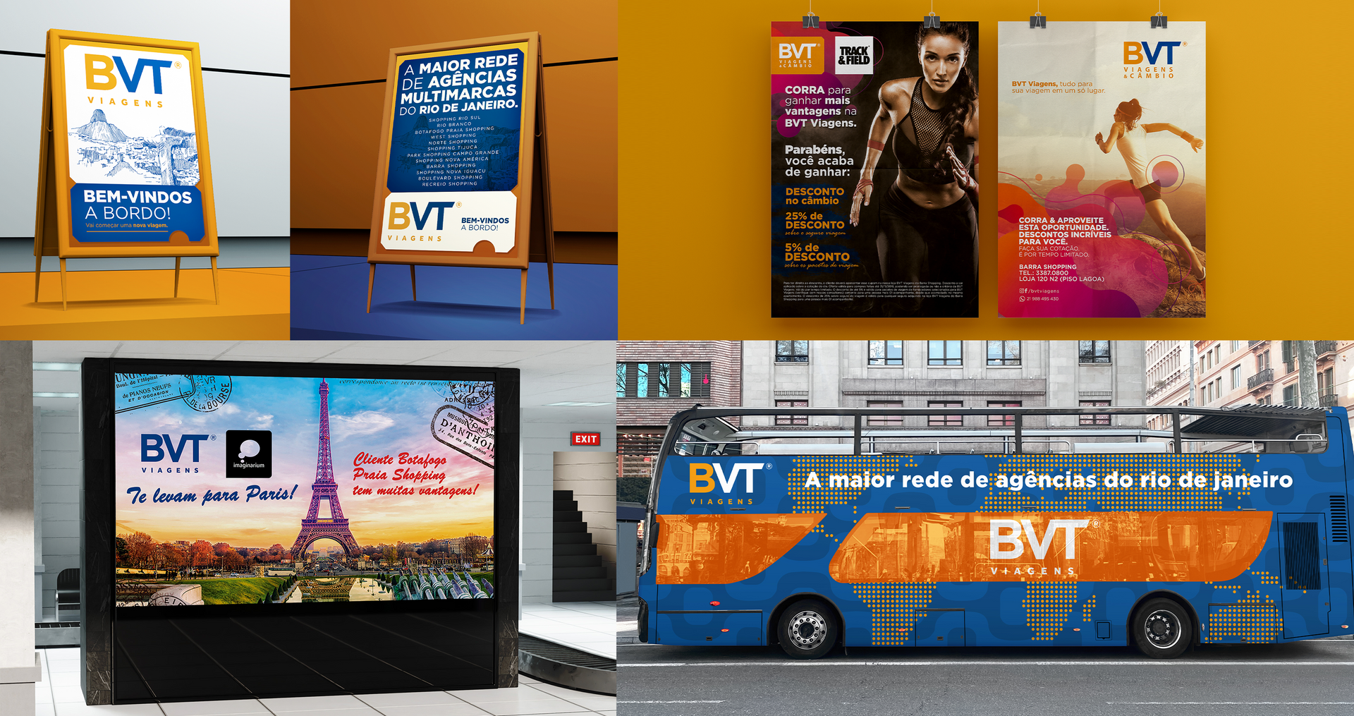 Uma colagem de anúncios da BVT e um ônibus azul