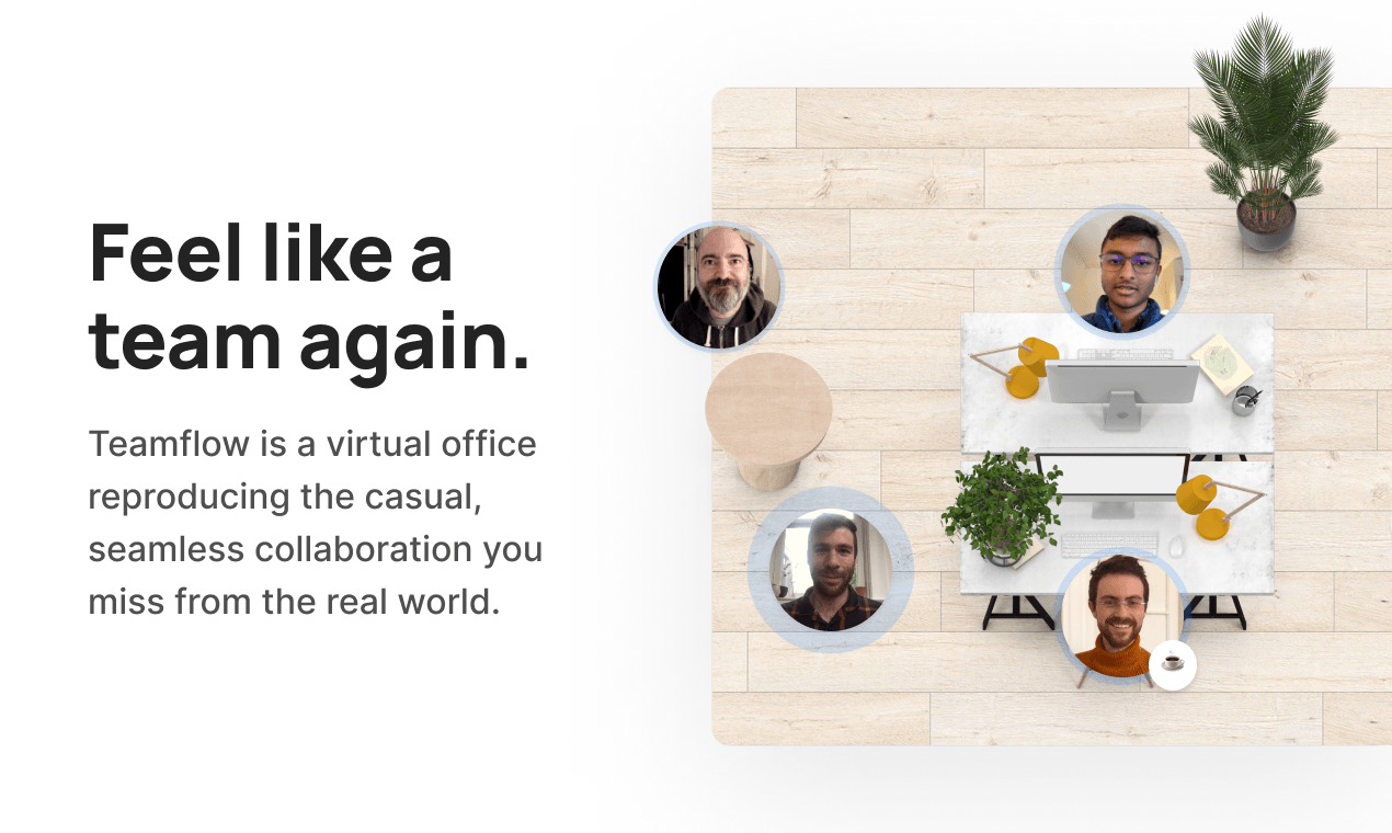 Um grupo de pessoas está sentado à mesa em um escritório virtual.