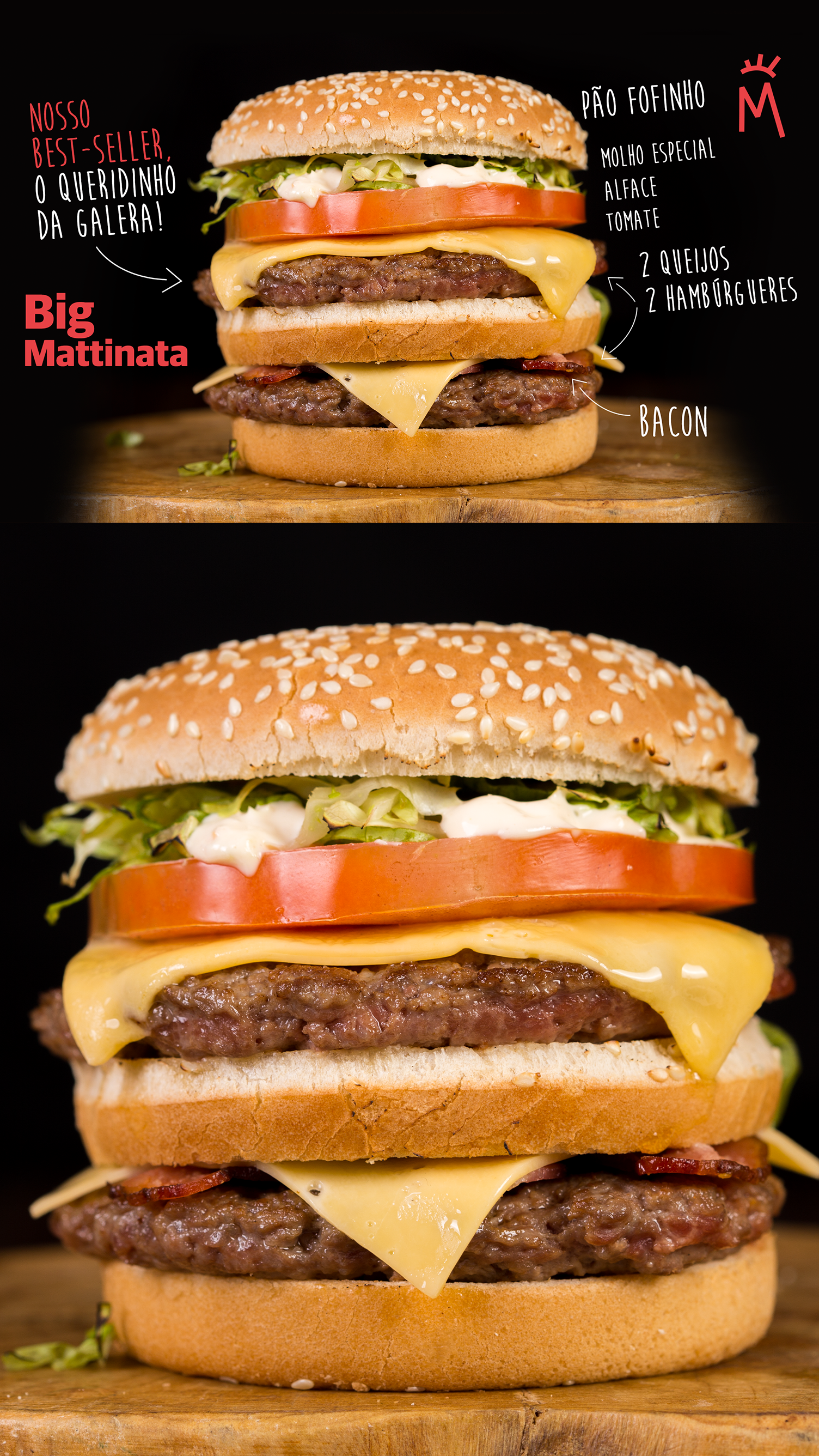 Mattinata Um hambúrguer com queijo, tomate, alface e bacon em uma tábua de madeira.