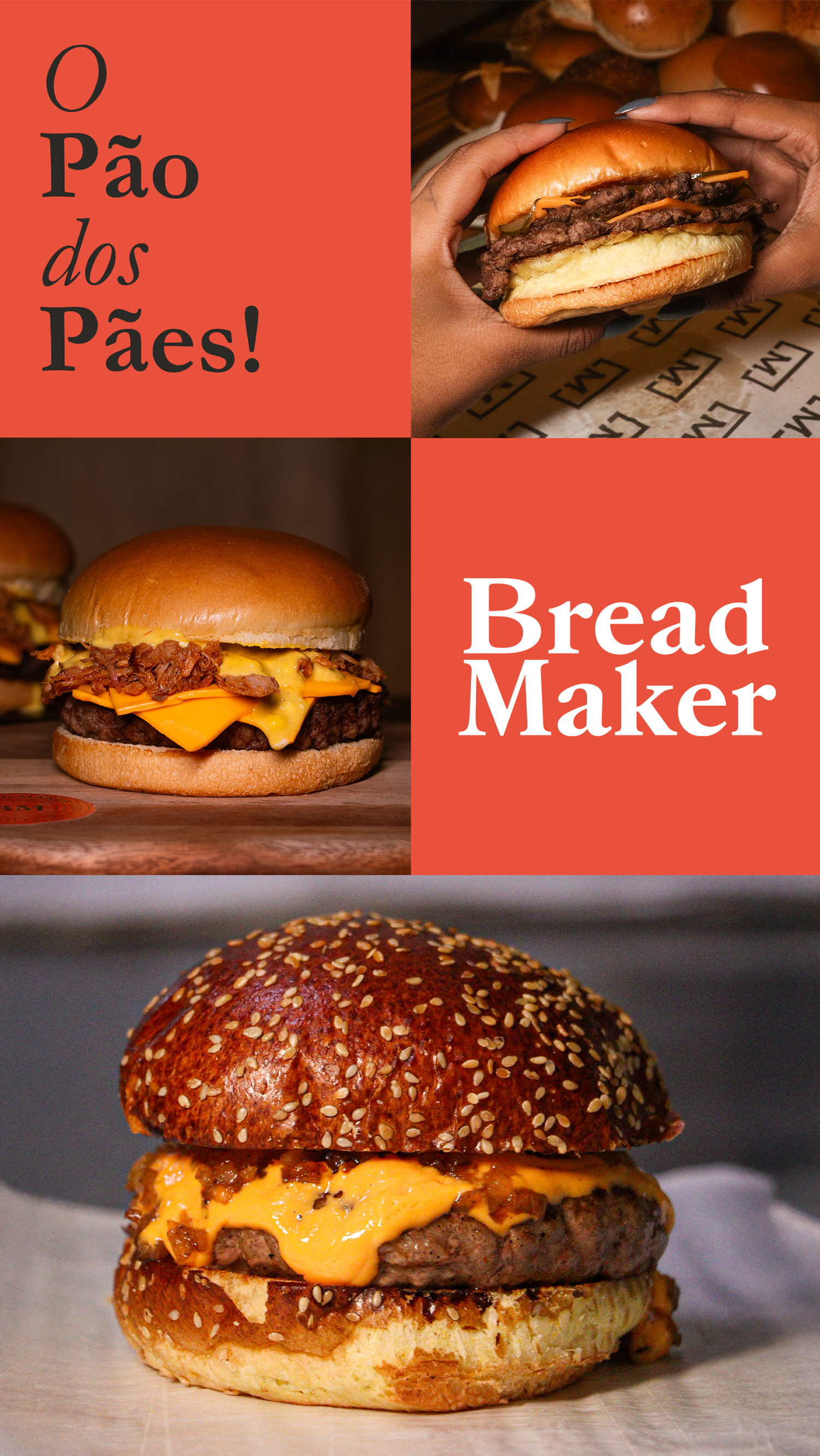 Bread Maker Um homem segura um hambúrguer em frente a uma placa que diz máquina de fazer pão
