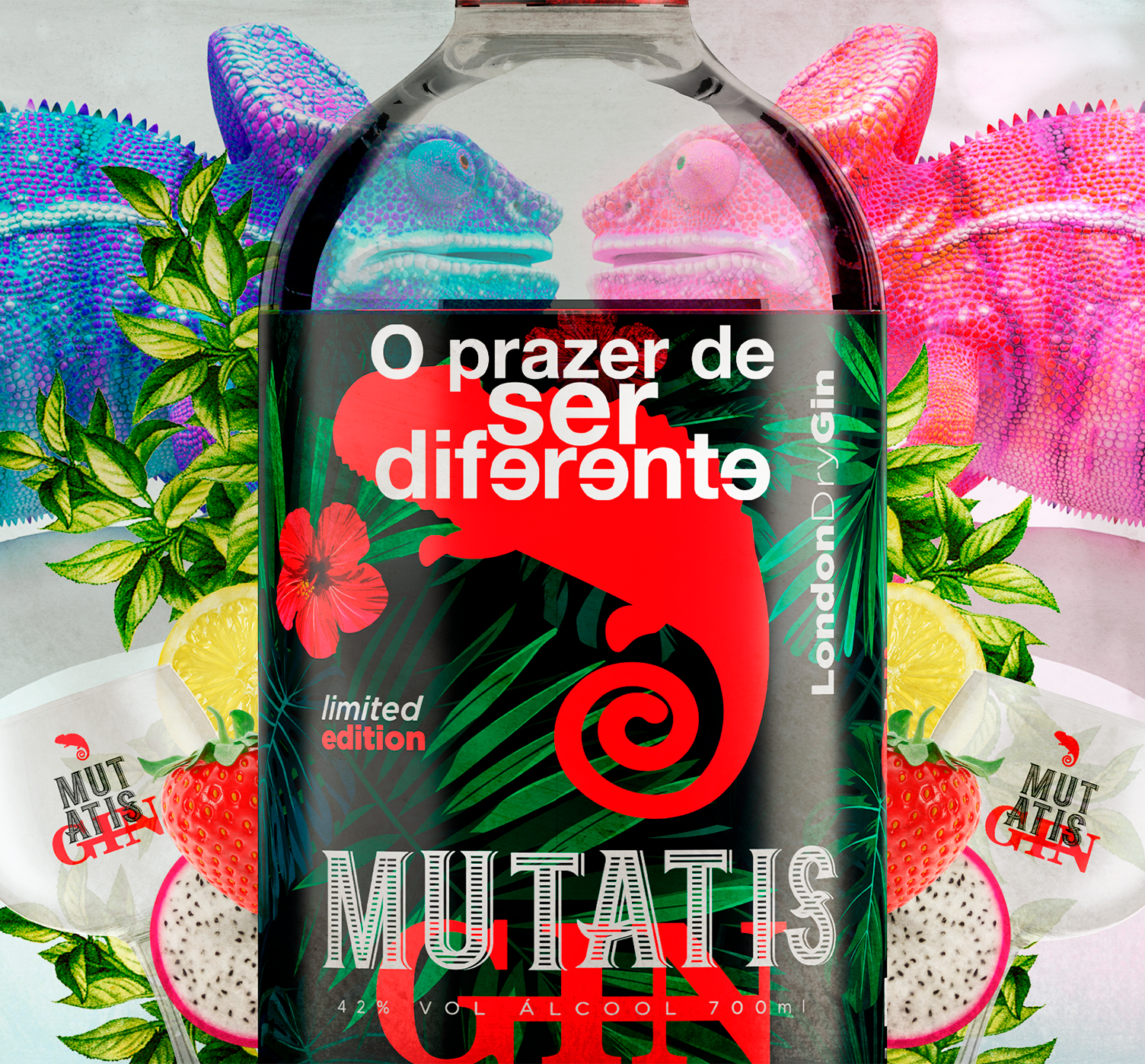 Mutatis GIN Uma garrafa de gim mutatis com um camaleão no rótulo