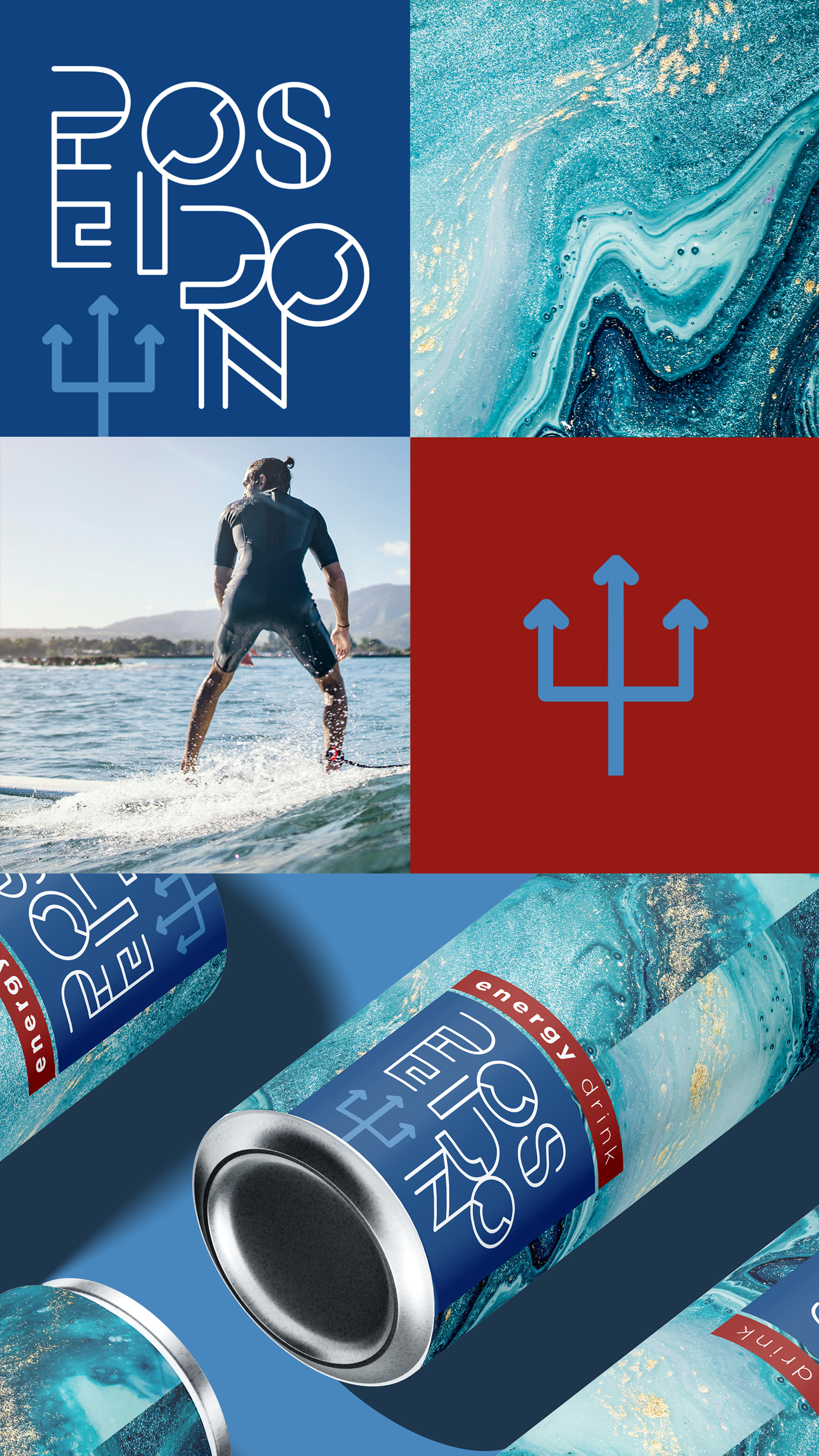 Poseidon Energy Drink A man is riding a wave on a surfboard in the ocean.