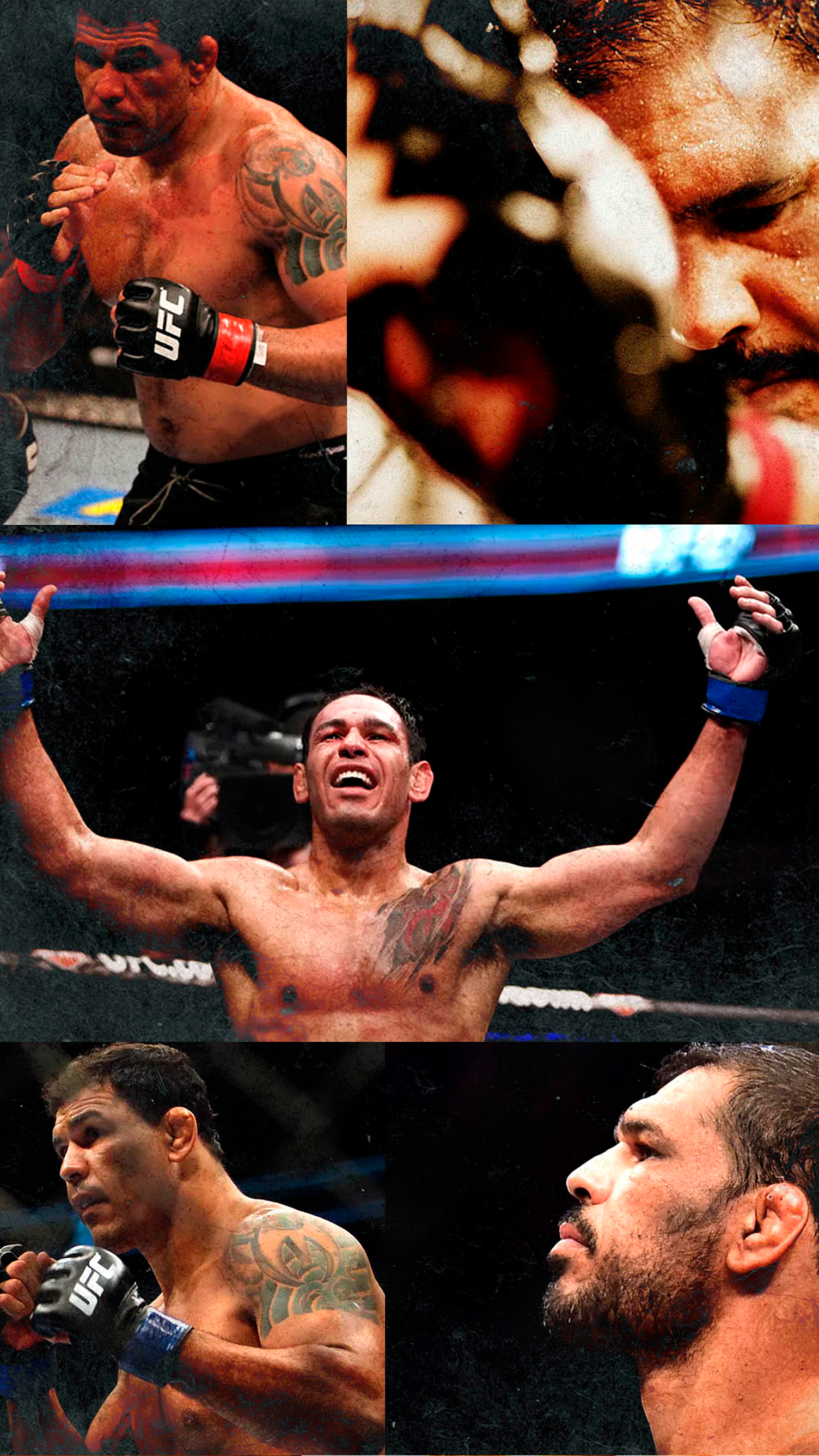 Uma colagem de fotos de um lutador usando luvas de UFC