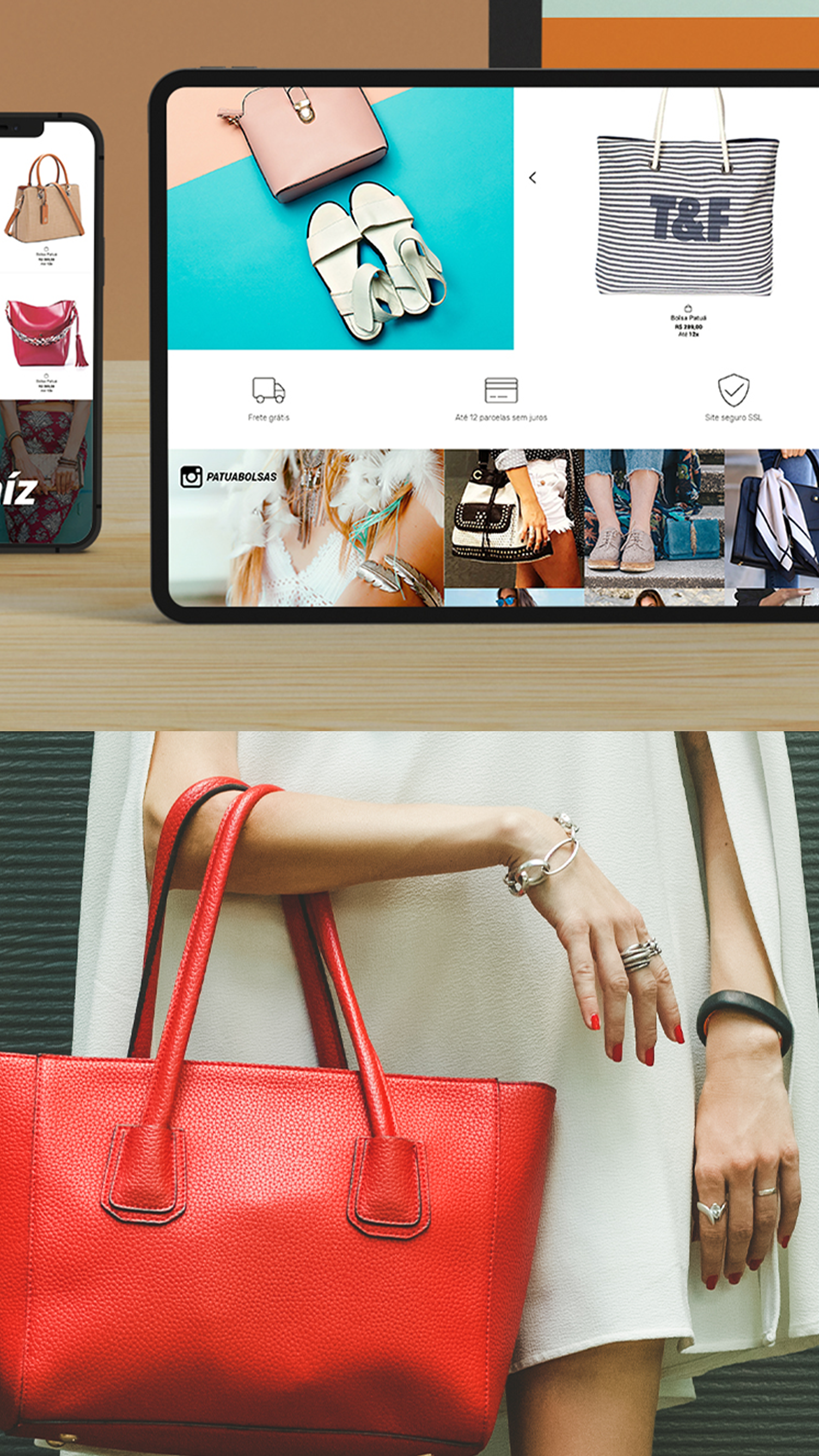 PATUÁ A woman is holding a red purse next to a tablet and a phone.