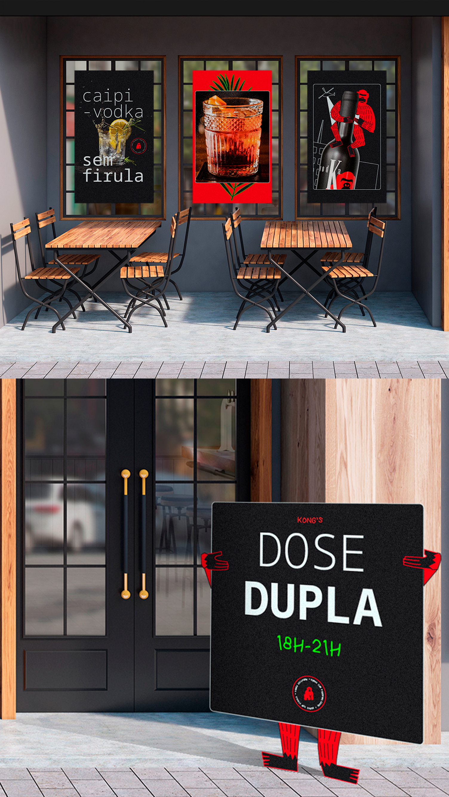 KONG Vodka Uma pessoa está segurando uma placa em frente a um restaurante.