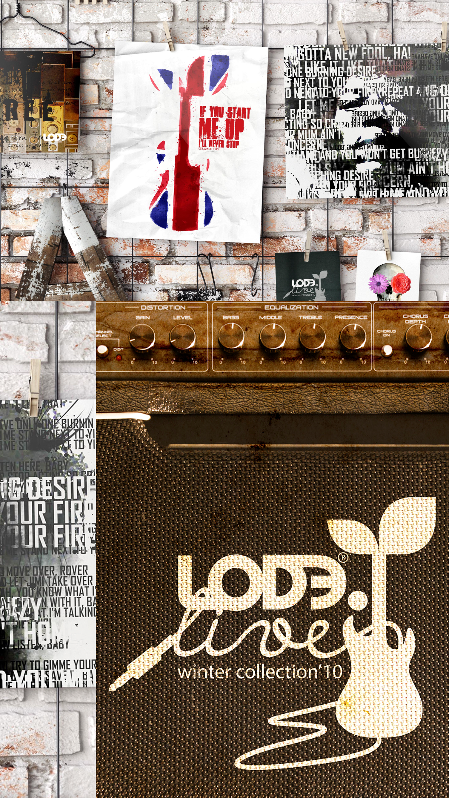A collage of posters on a brick wall with a guitar on it.