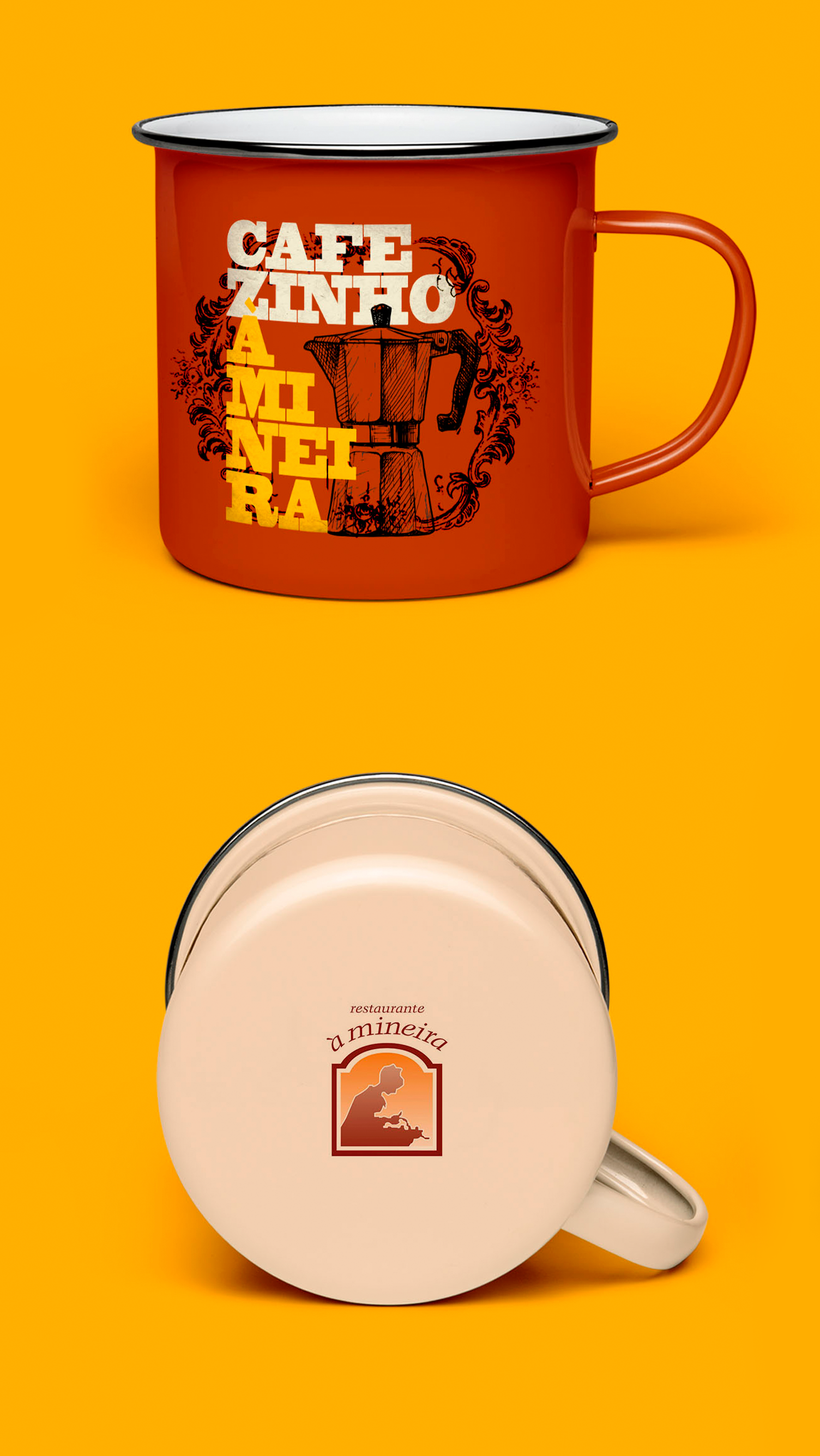 Uma caneca vermelha com as palavras cafézinho escritas nela