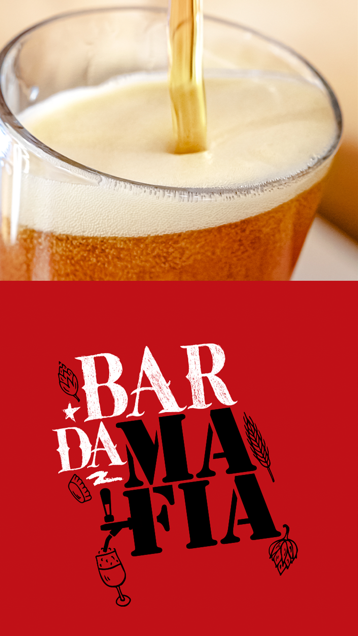 BAR DA MAFIA Um copo de cerveja é despejado em um fundo vermelho que diz bar da ma fia