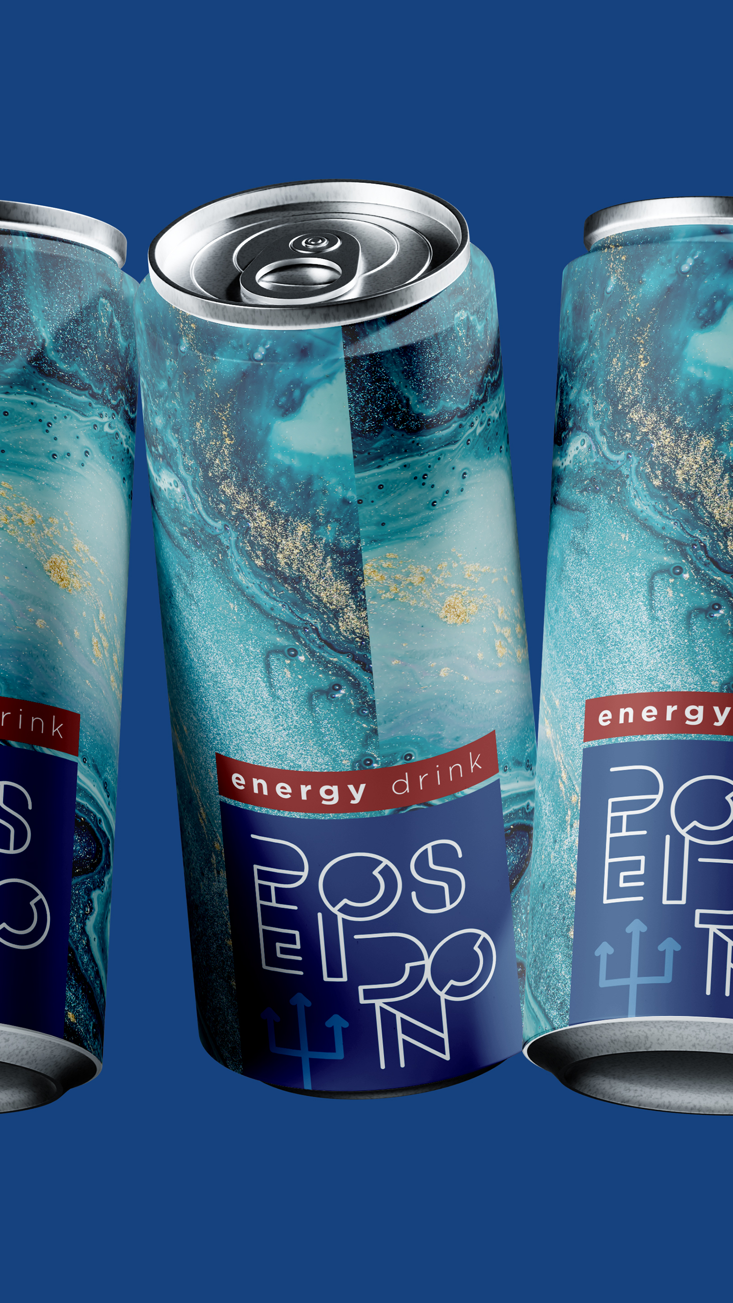 Poseidon Energy Drink Three cans of energy drink on a blue background.
