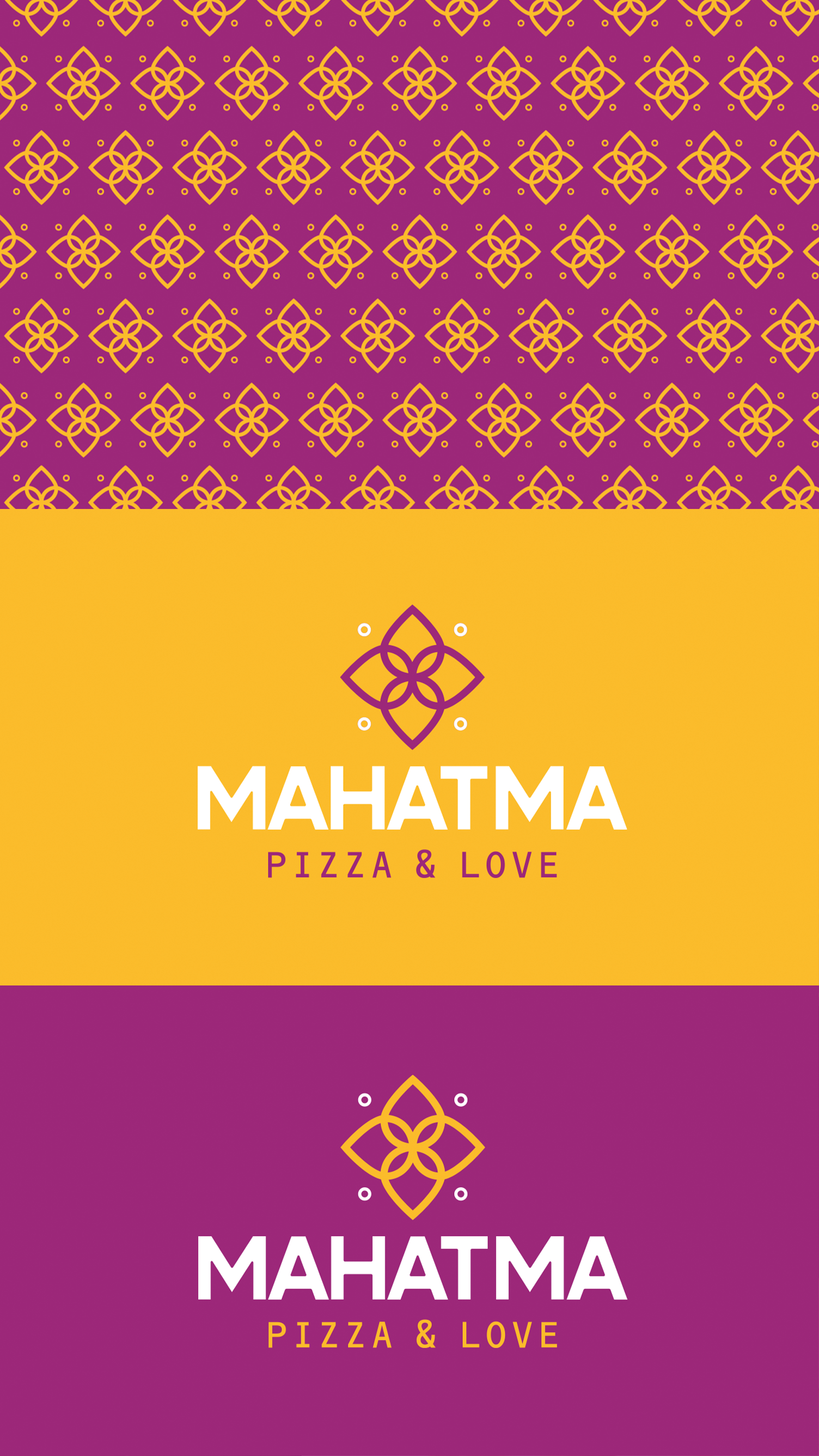 Mahatma Pizzas Um logotipo roxo e amarelo para pizza e amor mahatma