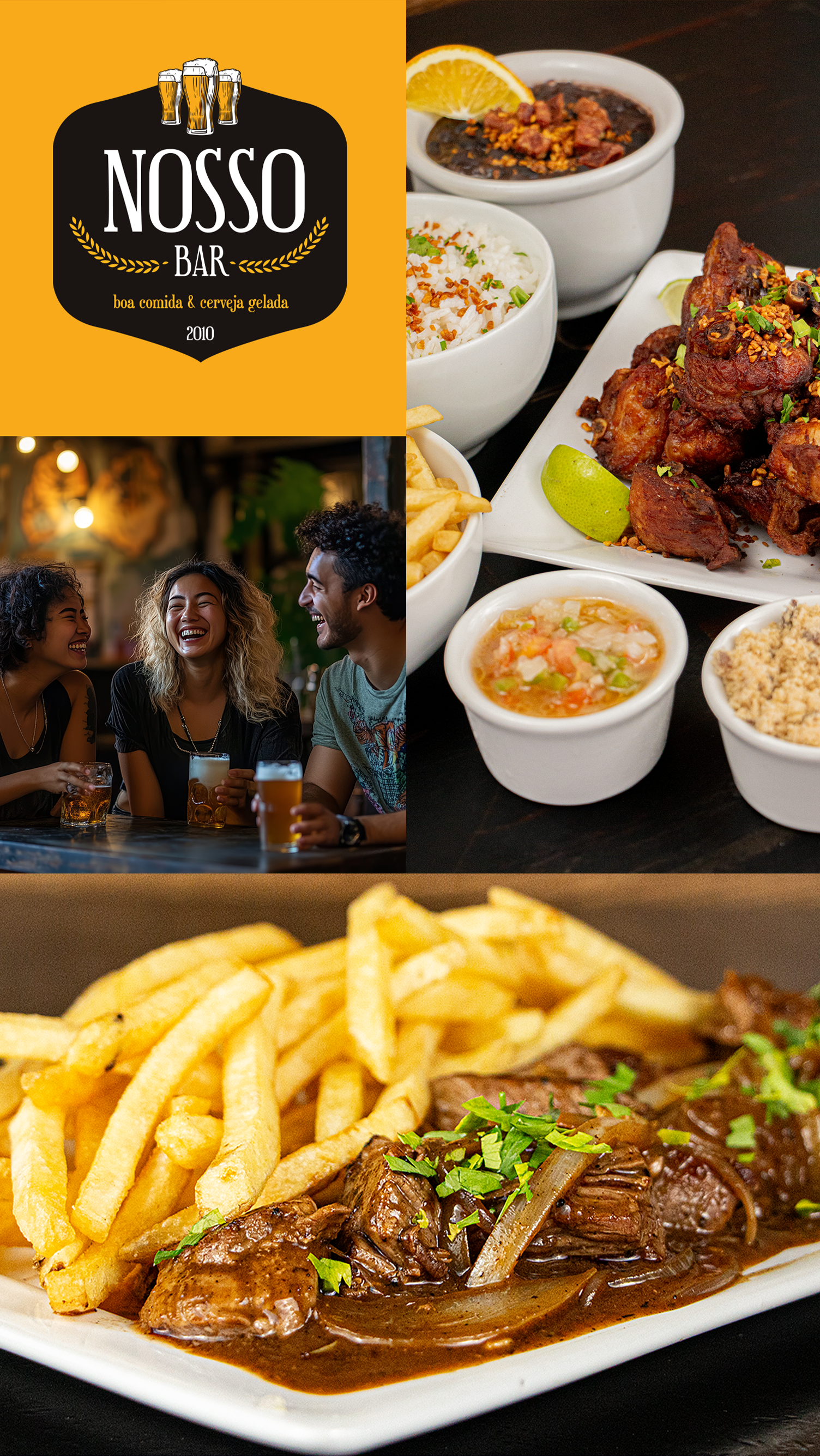 A collage of pictures of food and a logo for a restaurant.