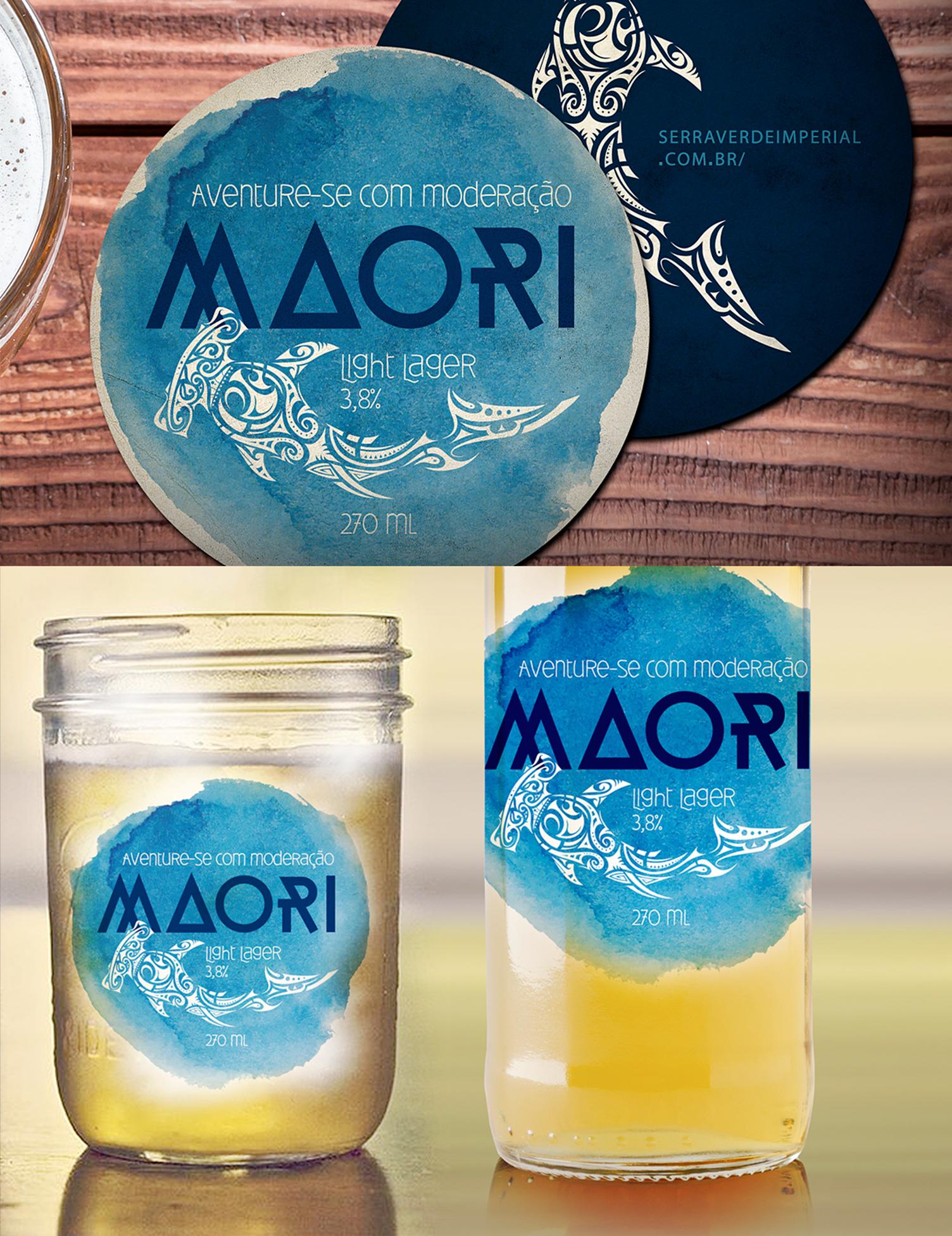 Uma garrafa de cerveja maori está sobre uma mesa de madeira