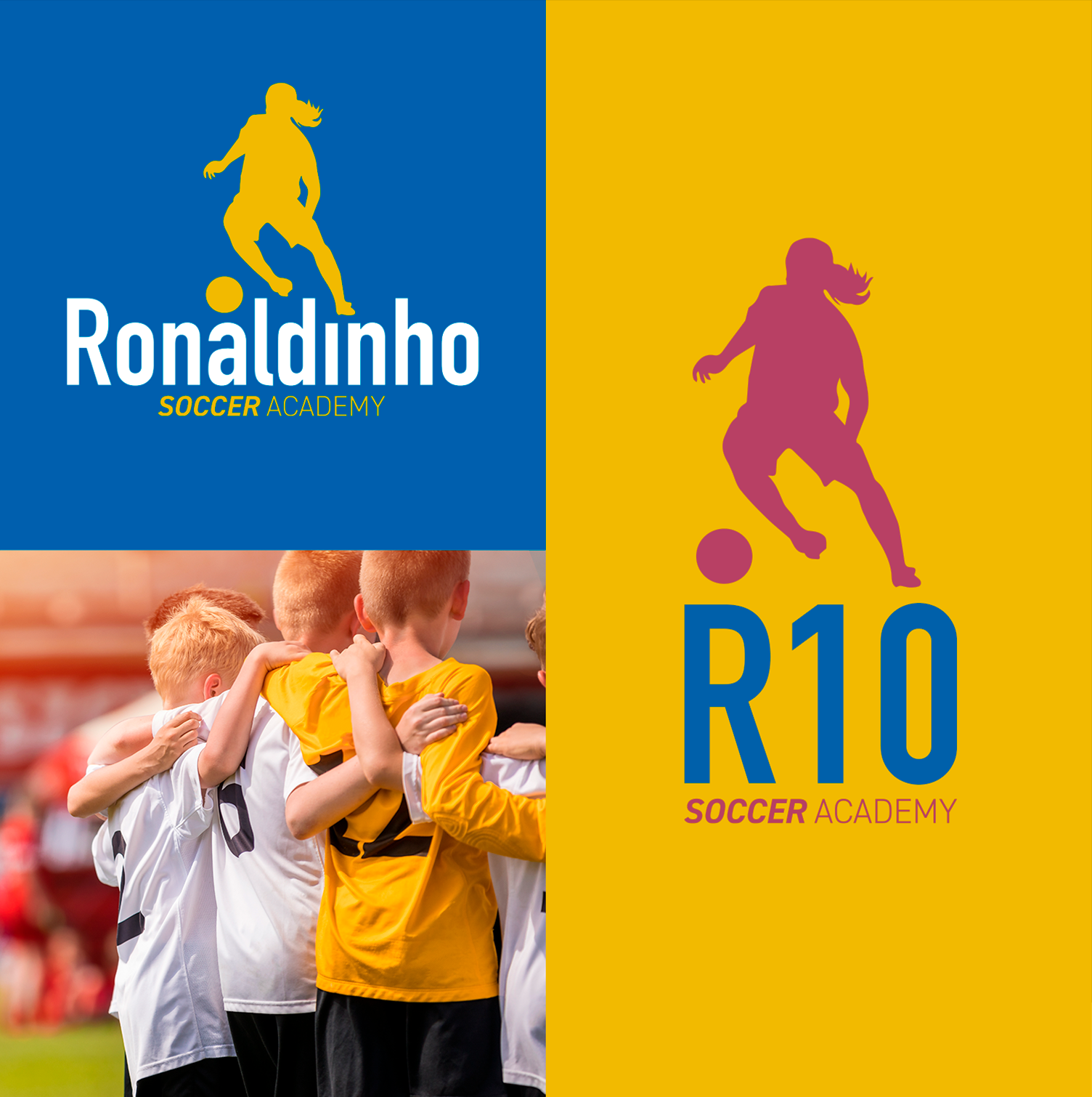 Ronaldinho Soccer Academy Um grupo de crianças se abraça em um campo de futebol.