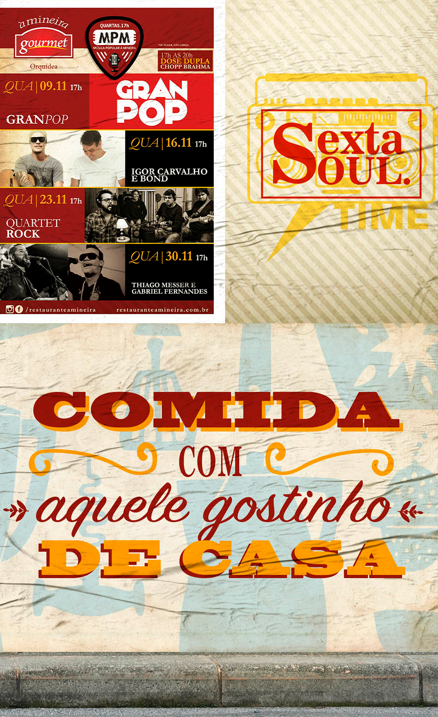 A poster on a wall that says comida com aquele gostinho de casa