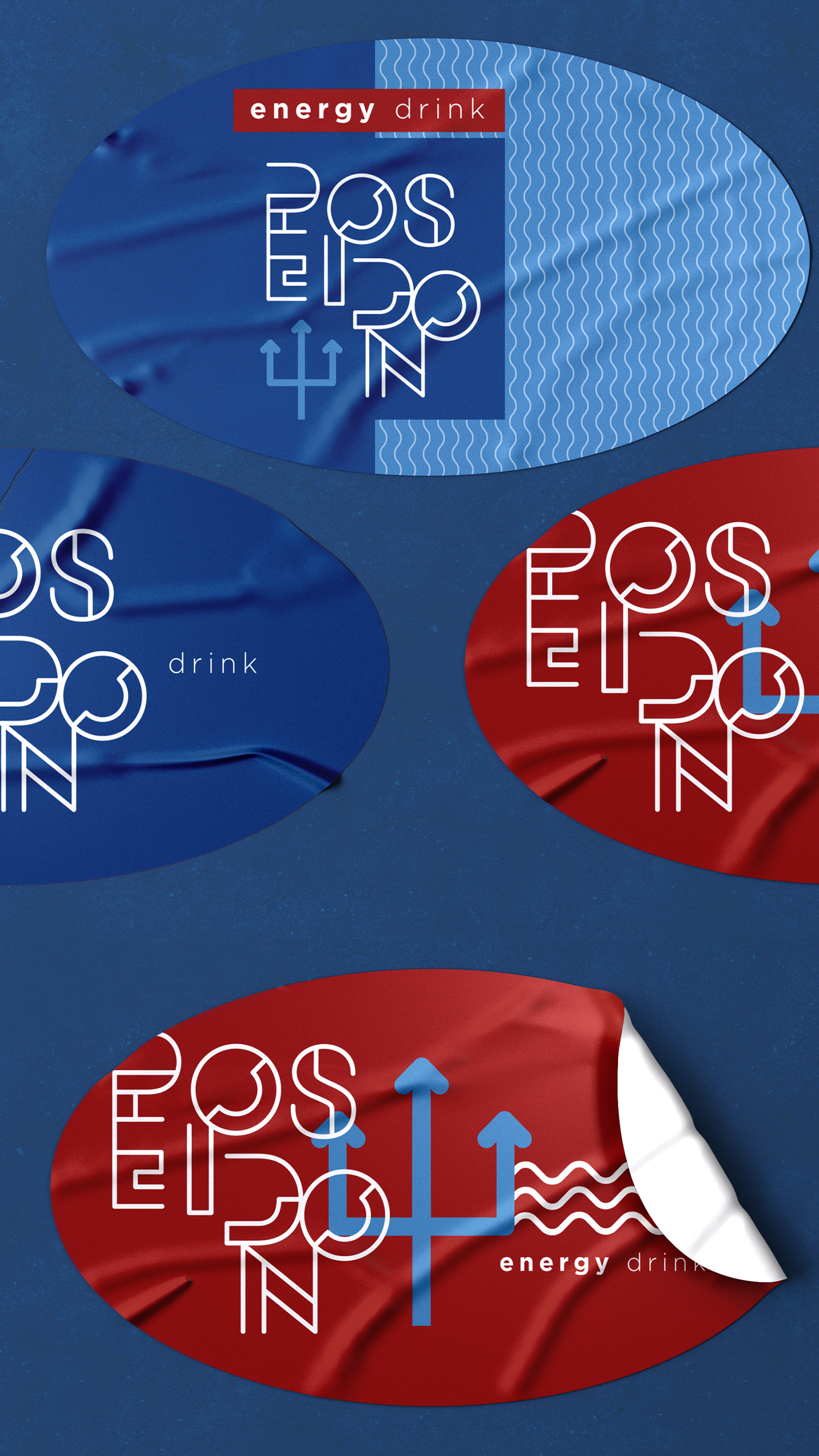 Poseidon Energy Drink A blue and red sticker with the word energy on it