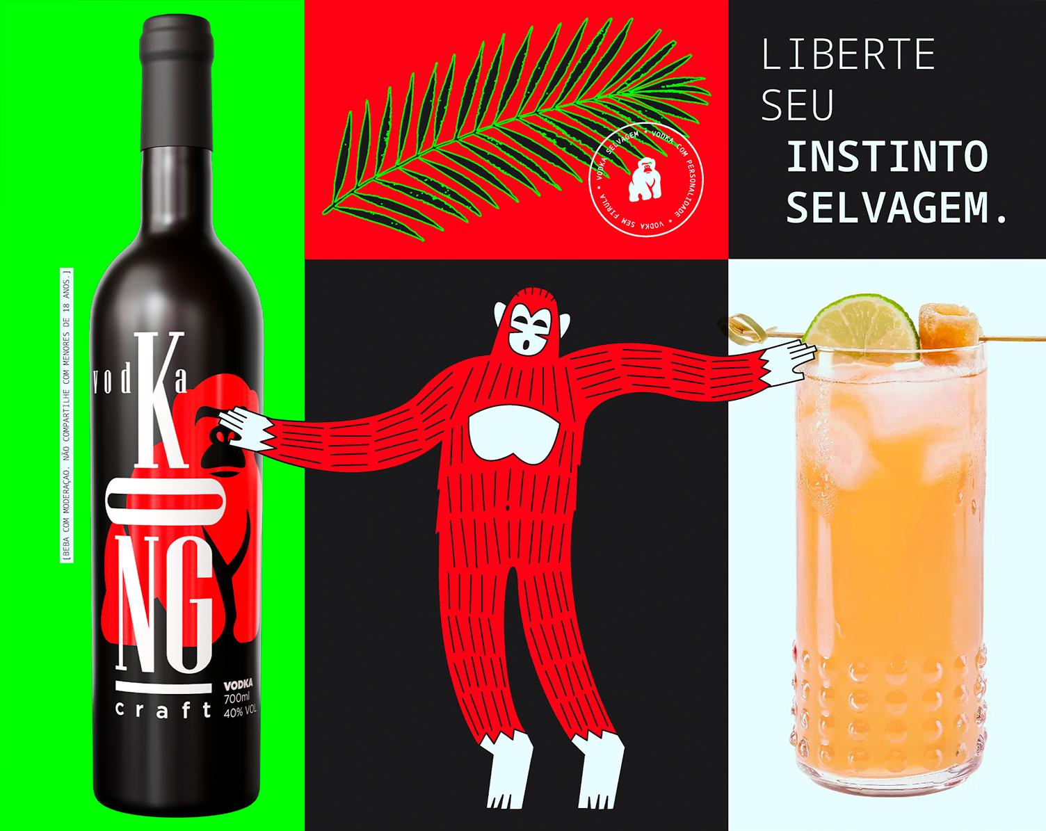 KONG Vodka Uma garrafa de vinho e uma bebida com um macaco no rótulo.