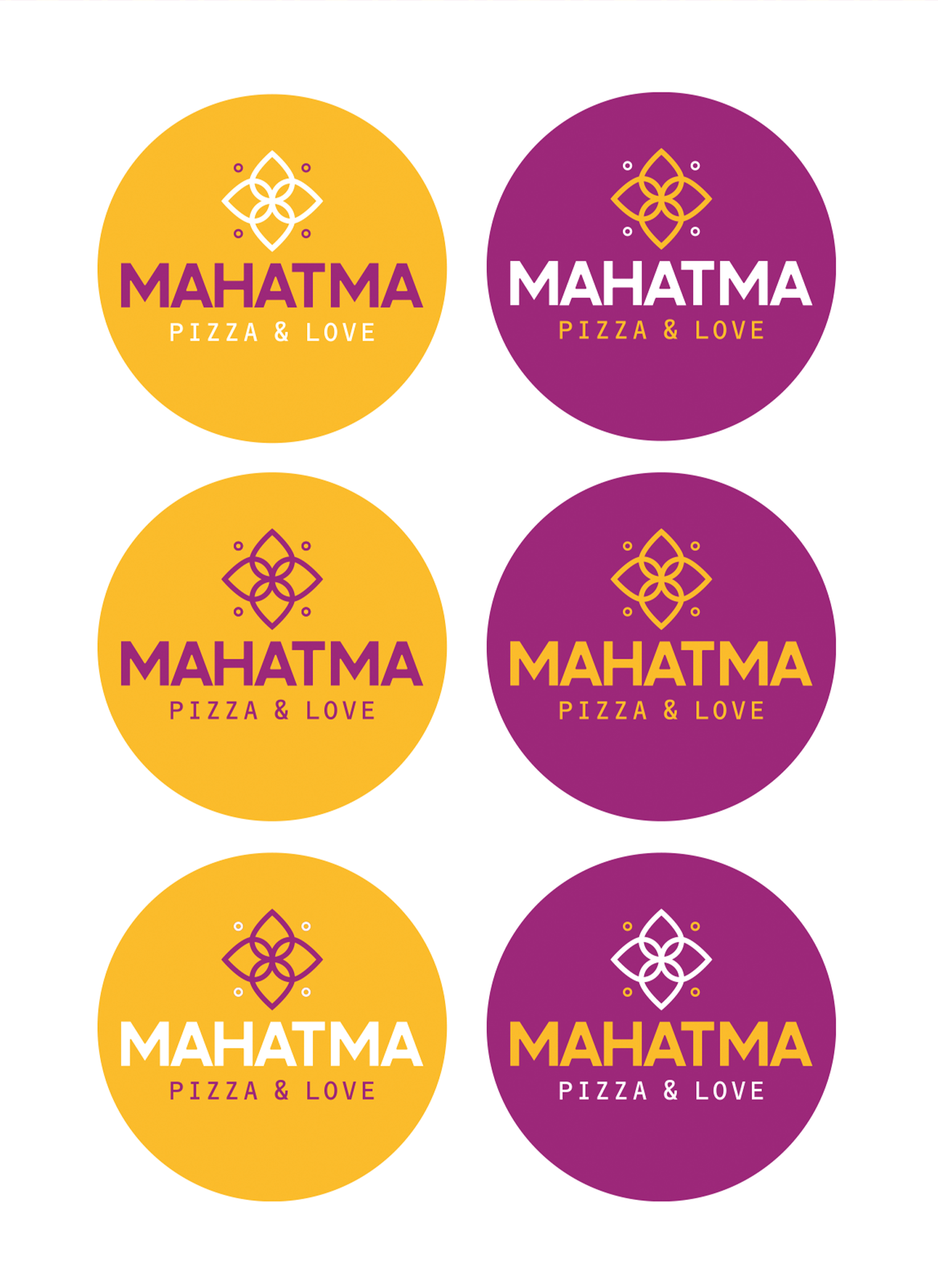 Mahatma Pizzas Três círculos de cores diferentes com a palavra mahatma neles