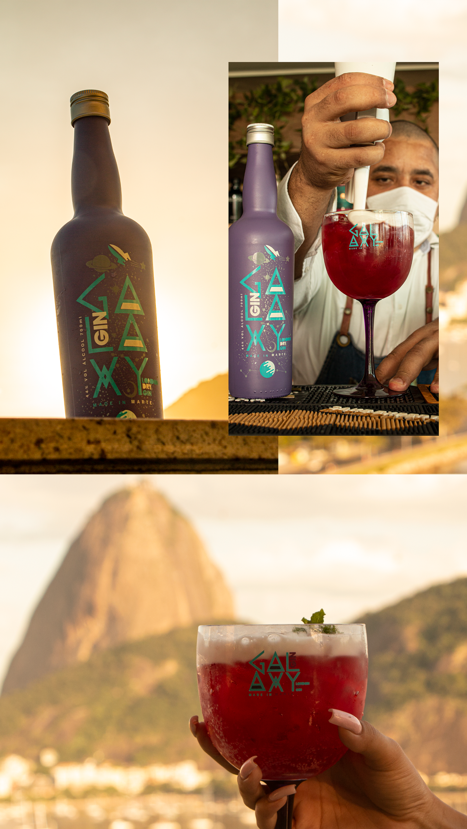 Uma pessoa está segurando um copo com um líquido vermelho em frente a uma montanha.