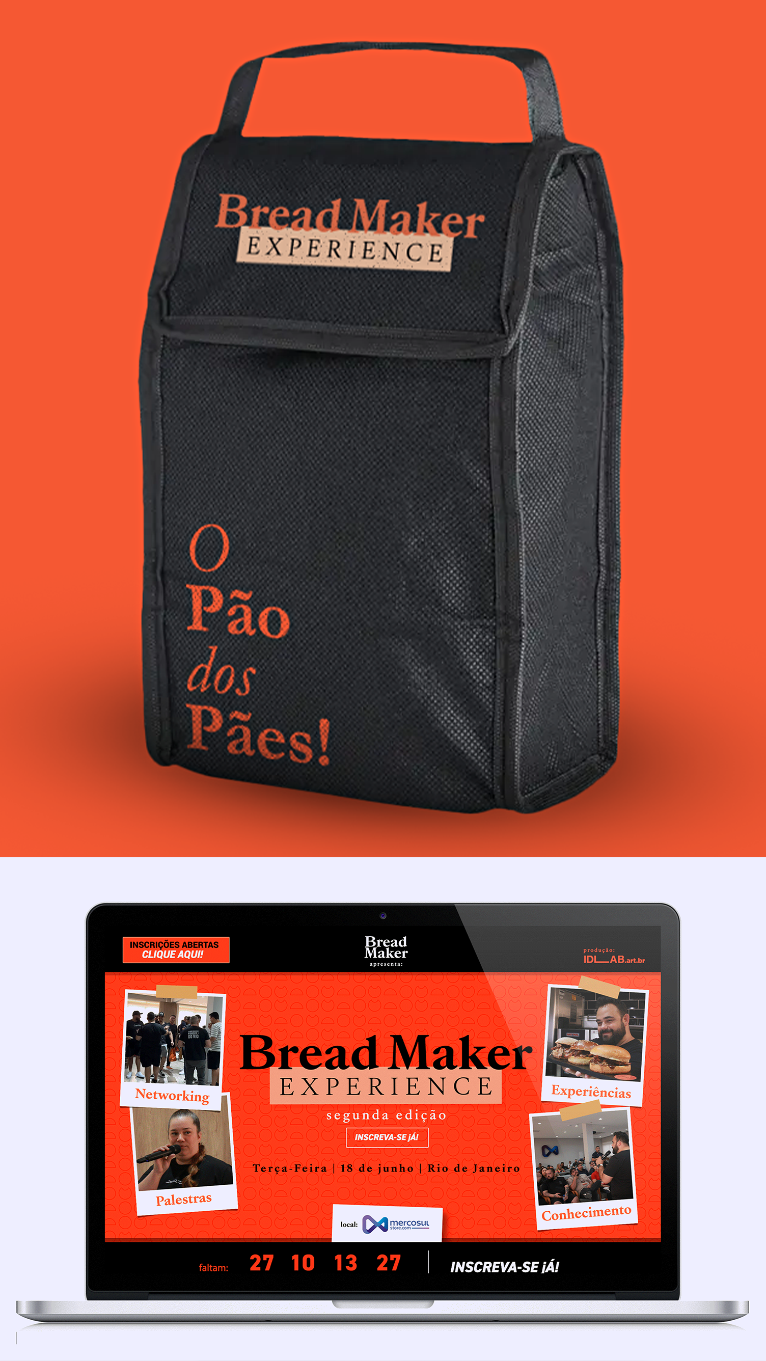 Bread Maker Design Um homem está segurando um hambúrguer na frente de uma multidão de pessoas.