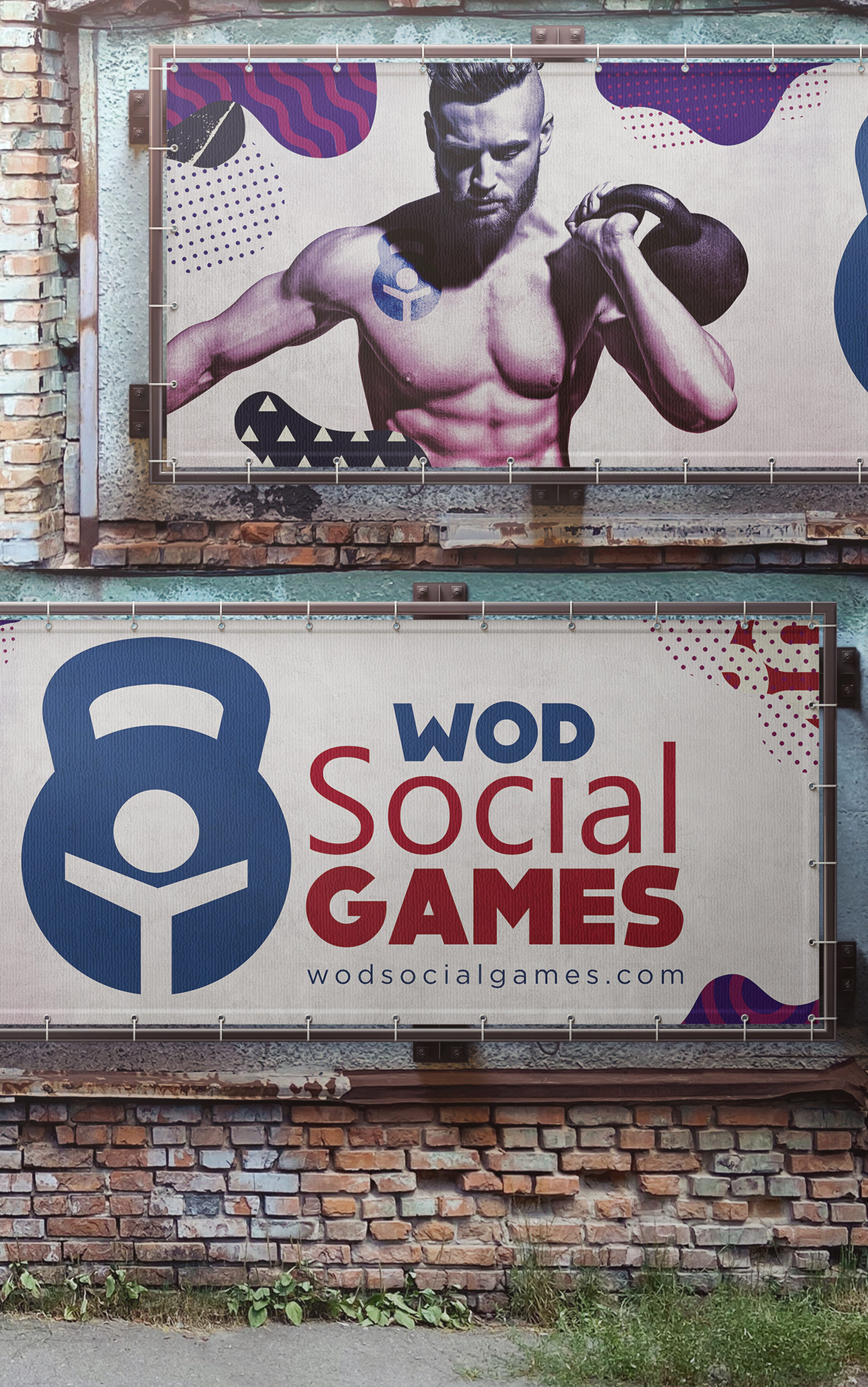 Dois cartazes em uma parede de tijolos para jogos sociais wod