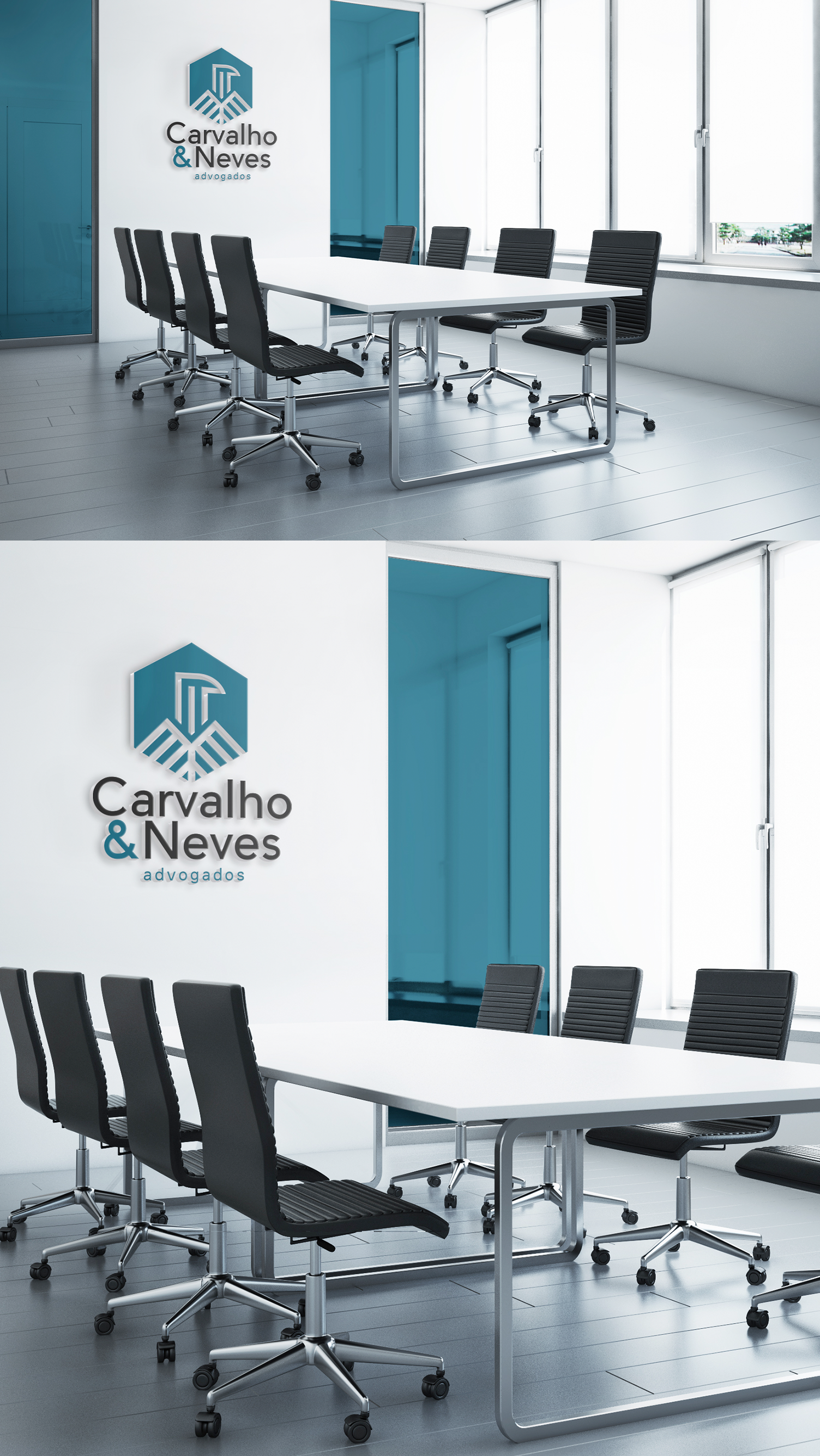 Carvalho & Neves Uma sala de conferências com uma mesa longa, cadeiras e um logotipo na parede.