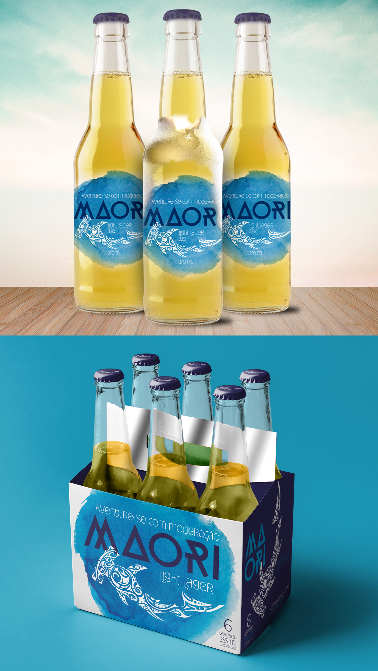 Três garrafas de cerveja maori e um pacote de seis cervejas maori
