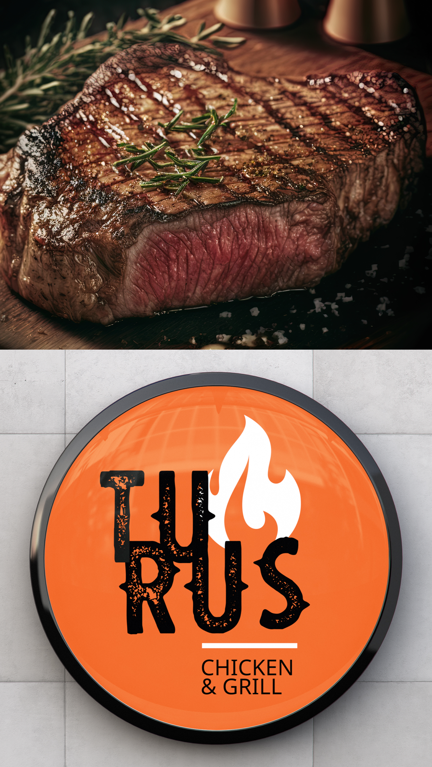 Turus Uma foto de um bife ao lado de uma placa de frango grelhado