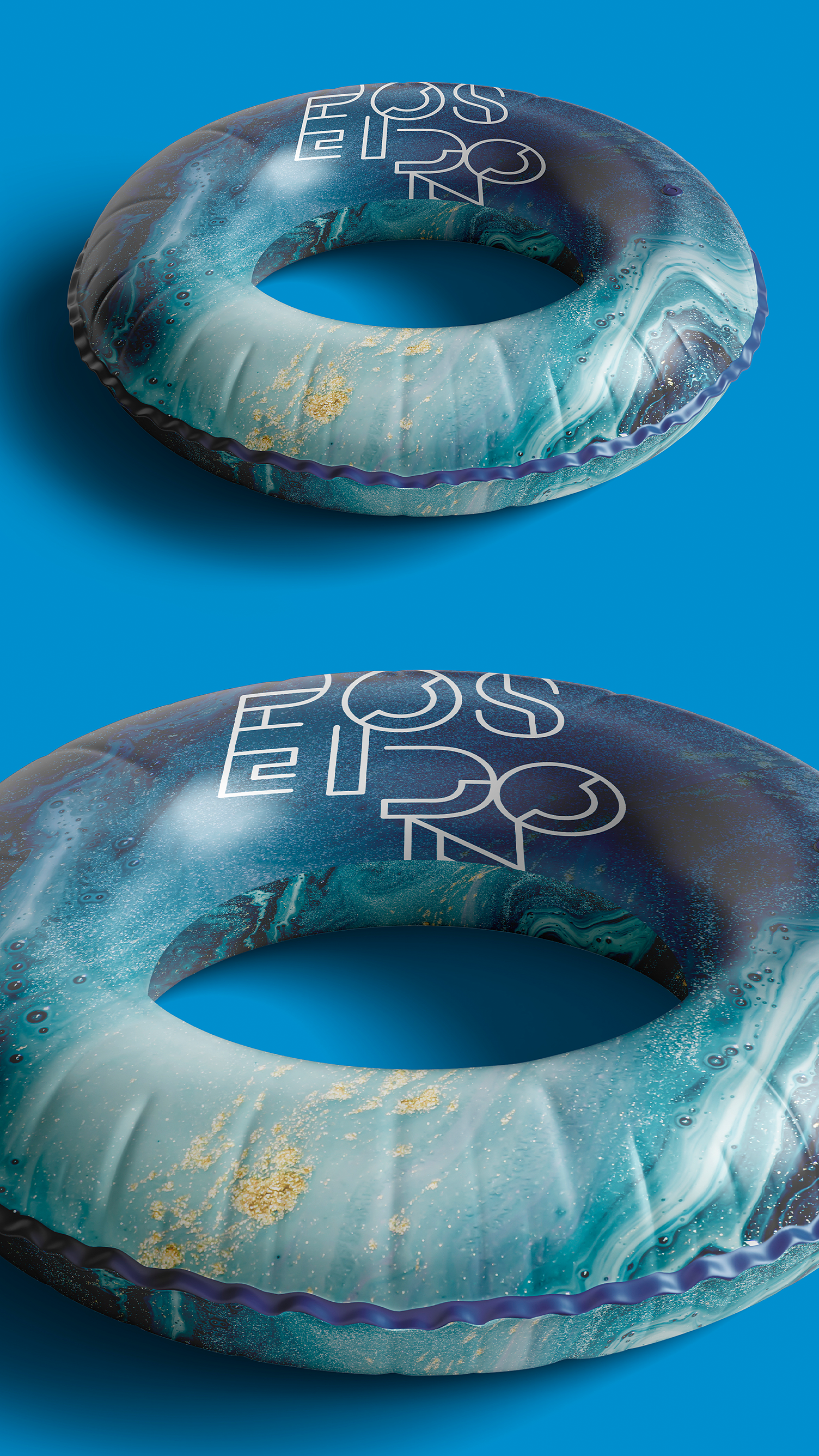Poseidon Energy Drink Two inflatable rings are sitting on top of each other on a blue surface.