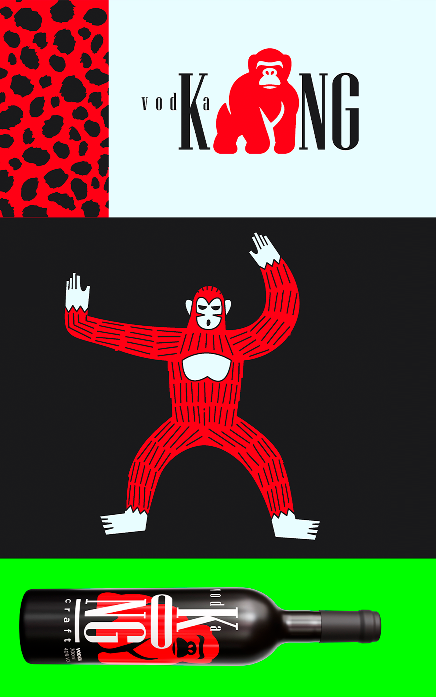 KONG Vodka Um gorila vermelho está parado ao lado de uma garrafa de vinho.
