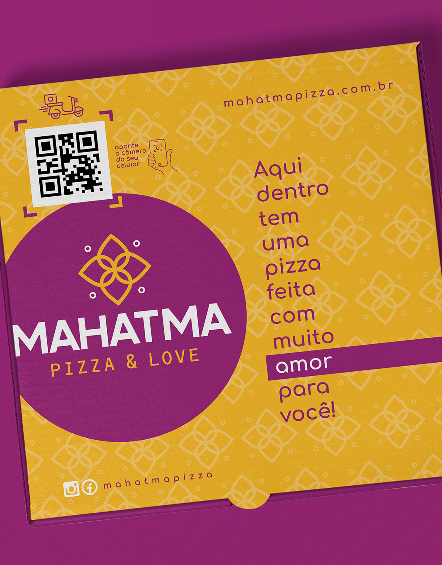 Mahatma Pizzas Um panfleto roxo e amarelo para pizza e amor mahatma