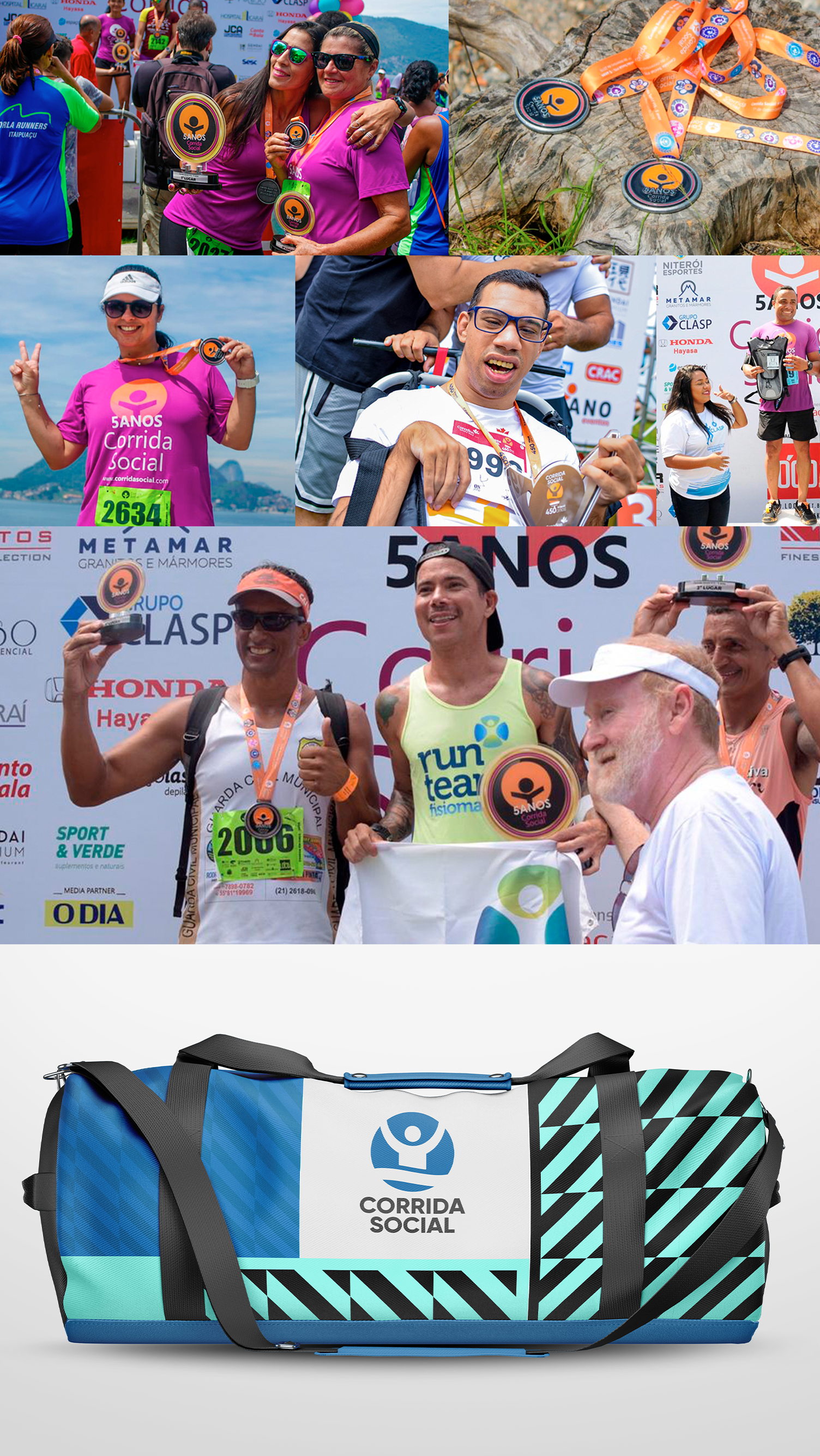 Corrida Social Uma colagem de fotos de pessoas em pé uma ao lado da outra e uma mochila.