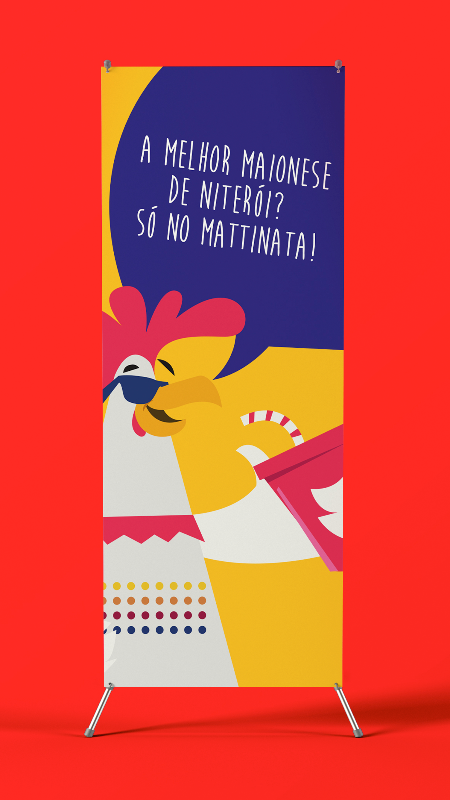 Mattinata Um banner com um galo usando óculos escuros e uma bengala de doce em um fundo vermelho.