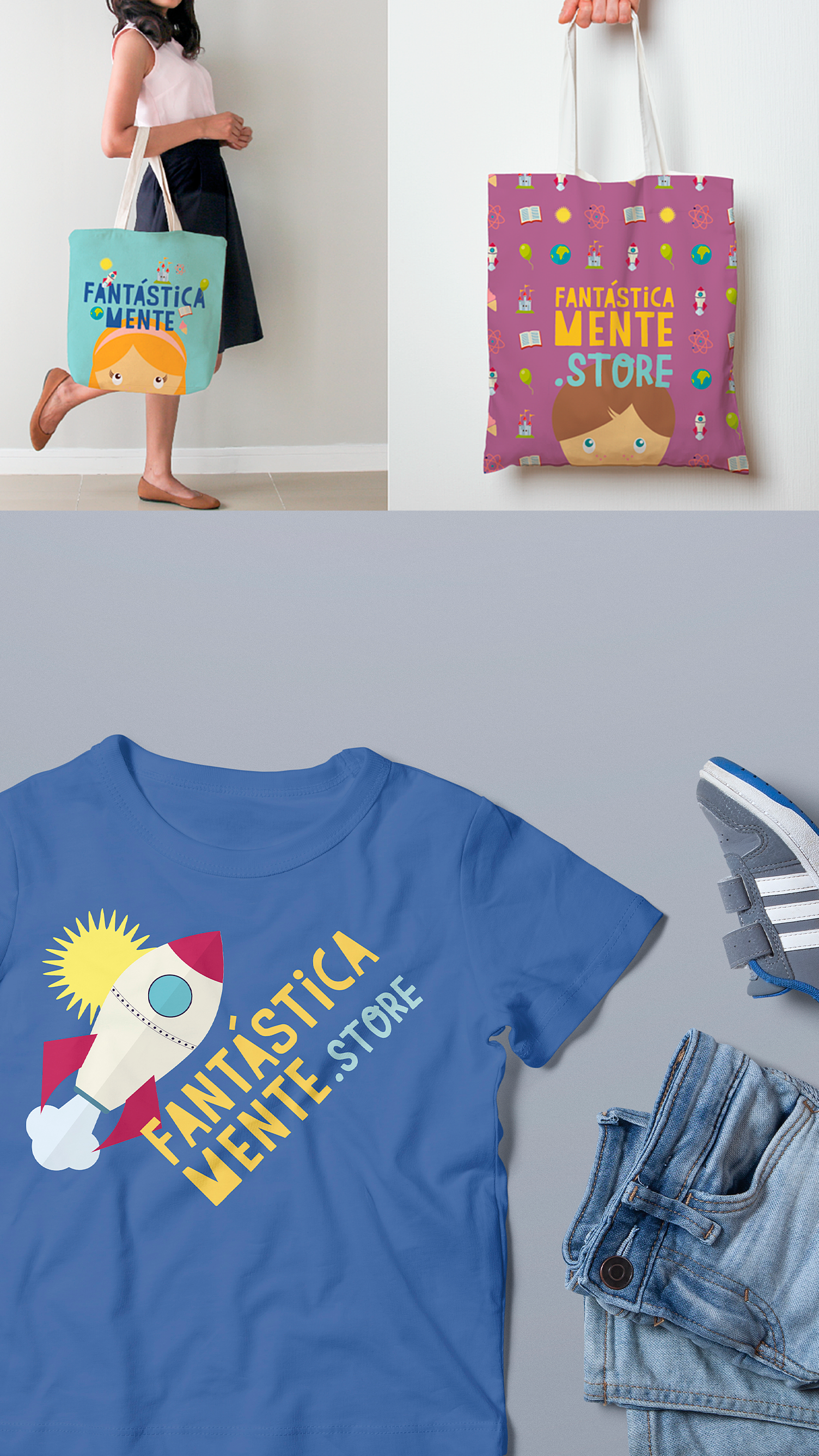 Uma mulher está segurando uma sacola e uma camiseta com um foguete.