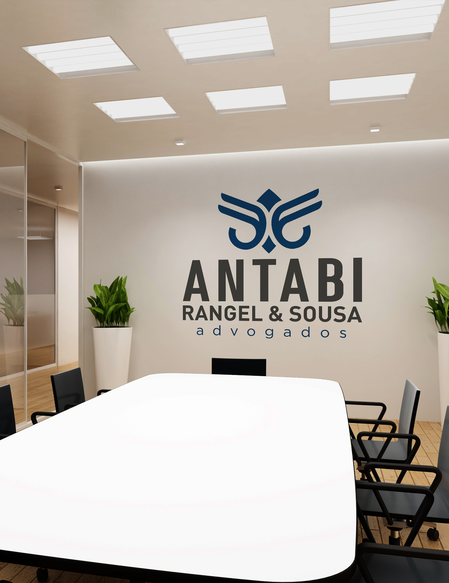 Antabi, Rangel, Sousa, & Goes A conference room with a table and chairs and a wall that says ' antabi rangel & sousa ' on it.