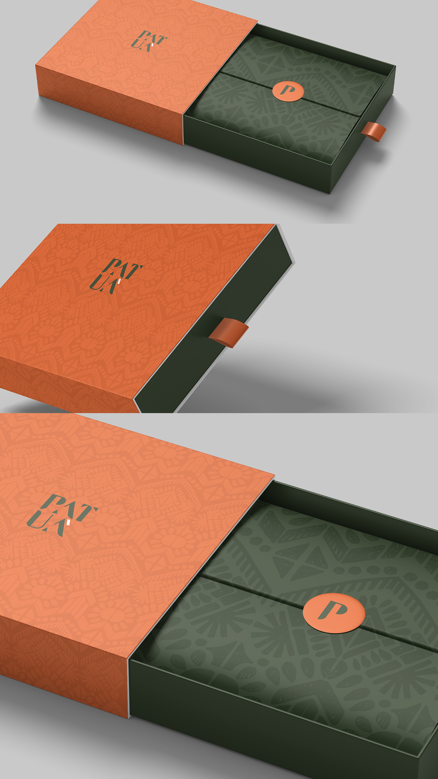 PATUÁ A cardboard box with a green envelope inside of it.