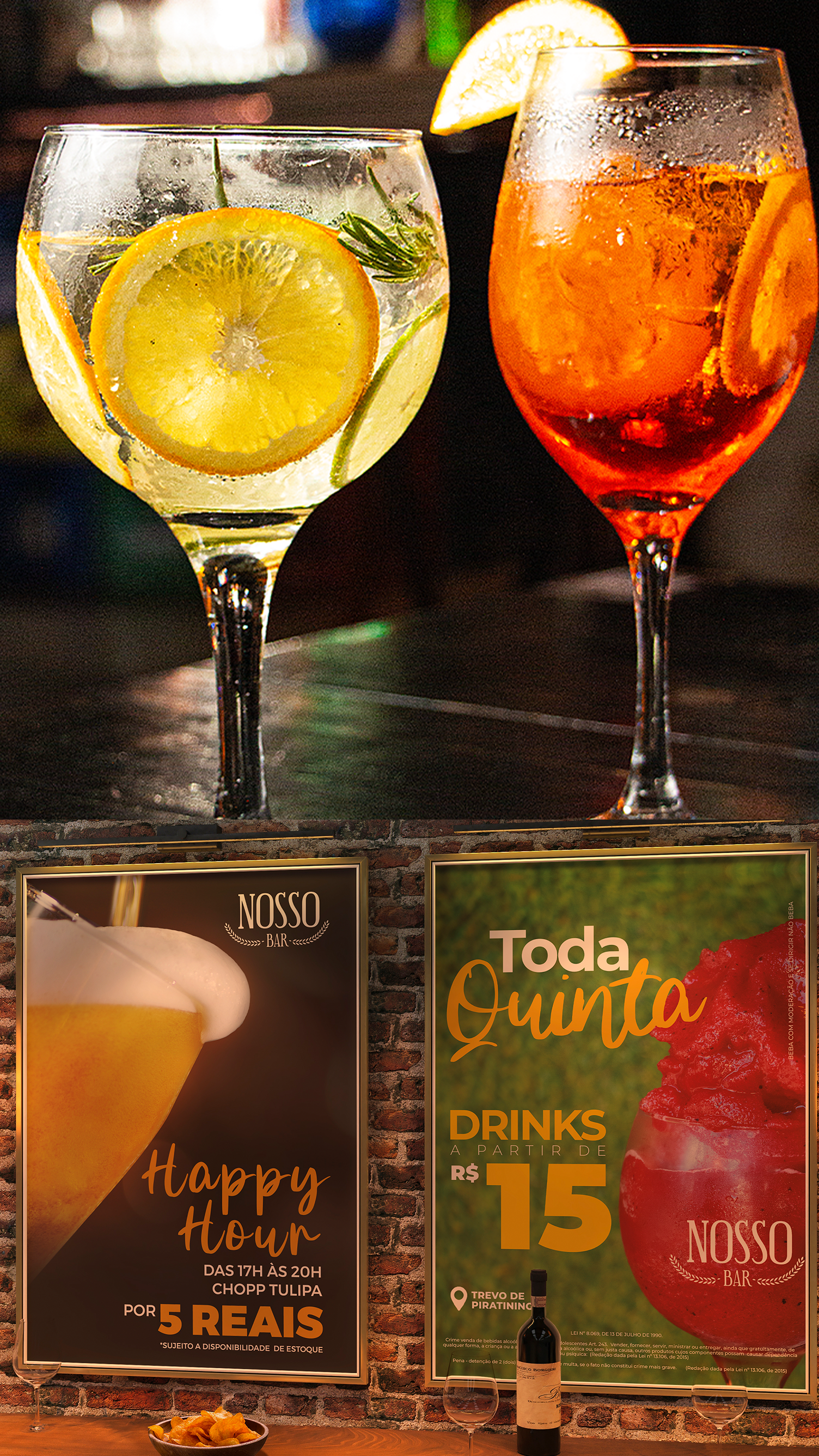 Two glasses of alcohol are sitting on a table next to a sign that says happy hour.