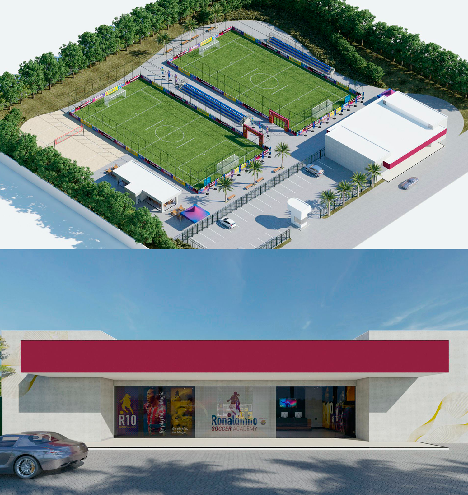 Ronaldinho Soccer Academy Uma vista aérea de um campo de futebol e um prédio com telhado vermelho
