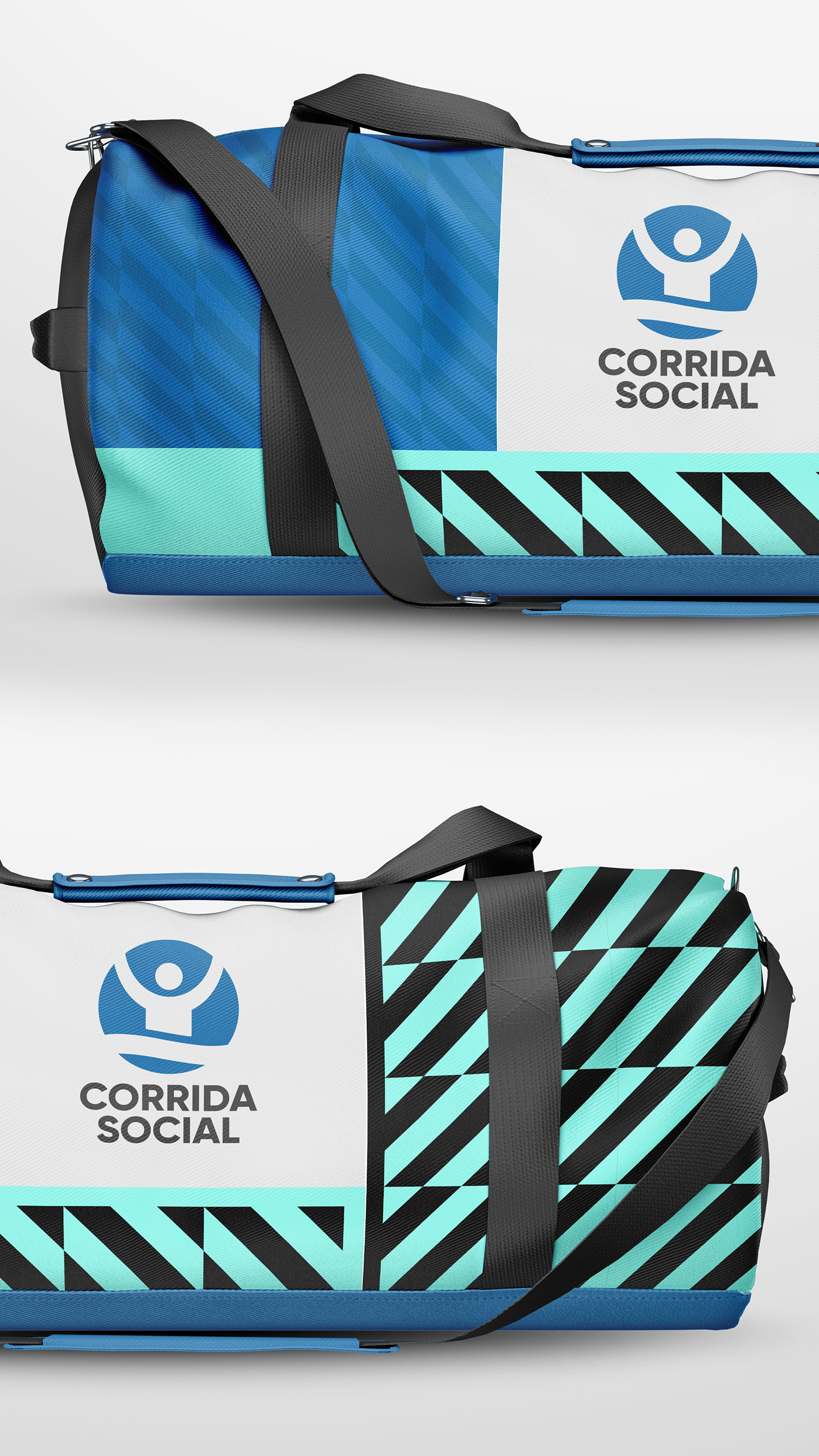 Uma bolsa esportiva azul e verde com as palavras corrida social nela