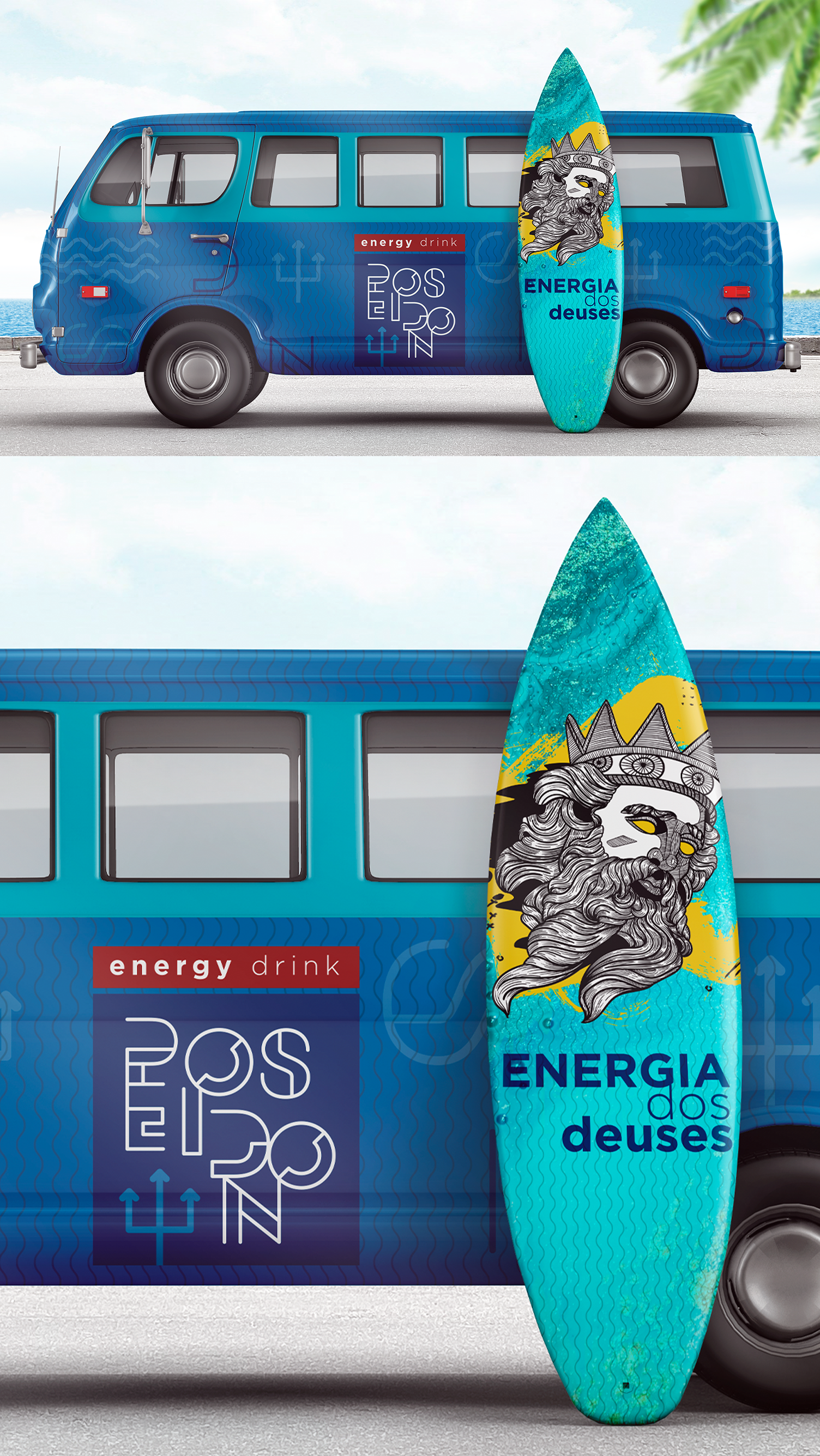 Poseidon Energy Drink A blue van with a surfboard on the side of it